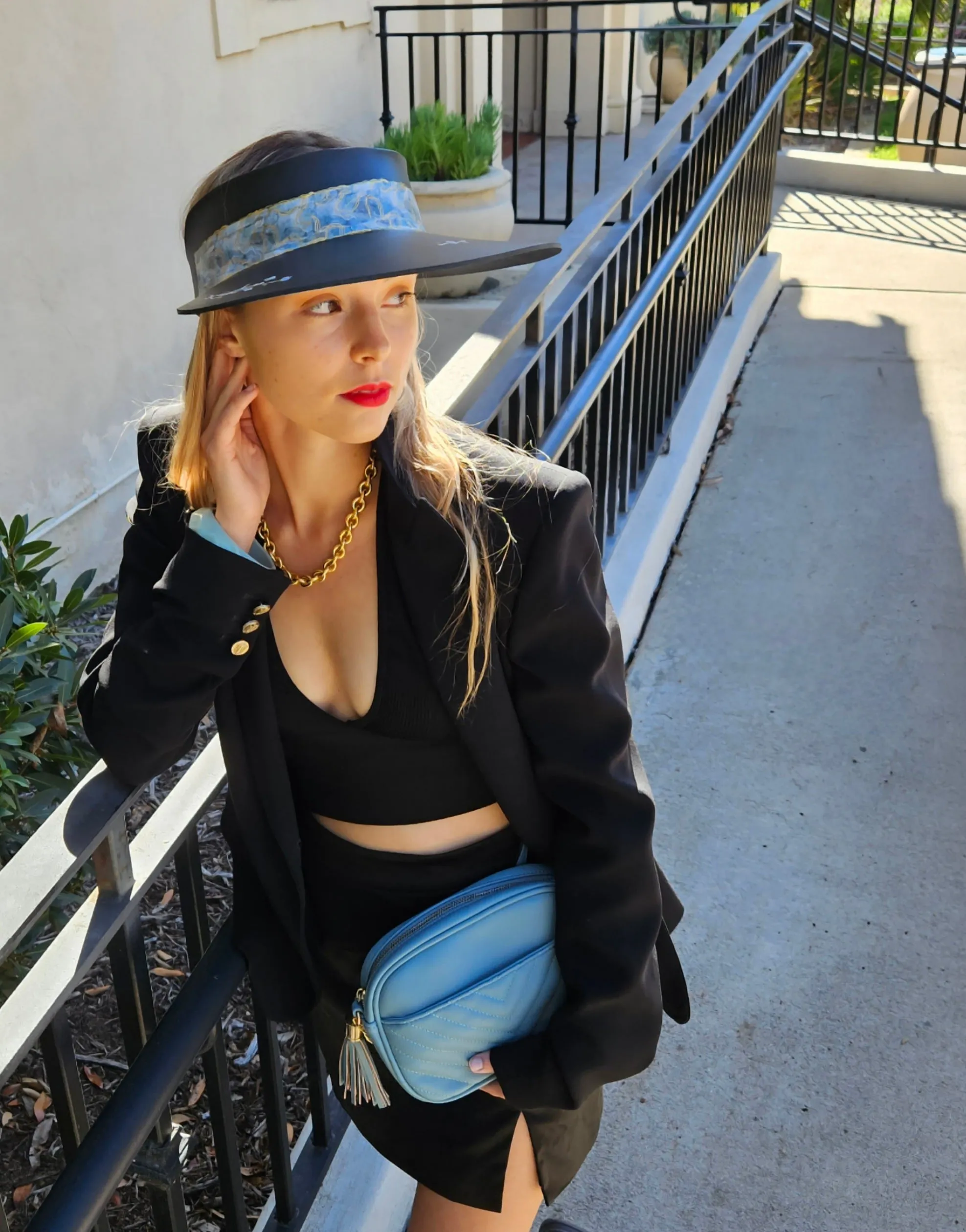 Black "LadyEVA" Visor Hat with Pale Blue Band and Handpainted Floral Motif
