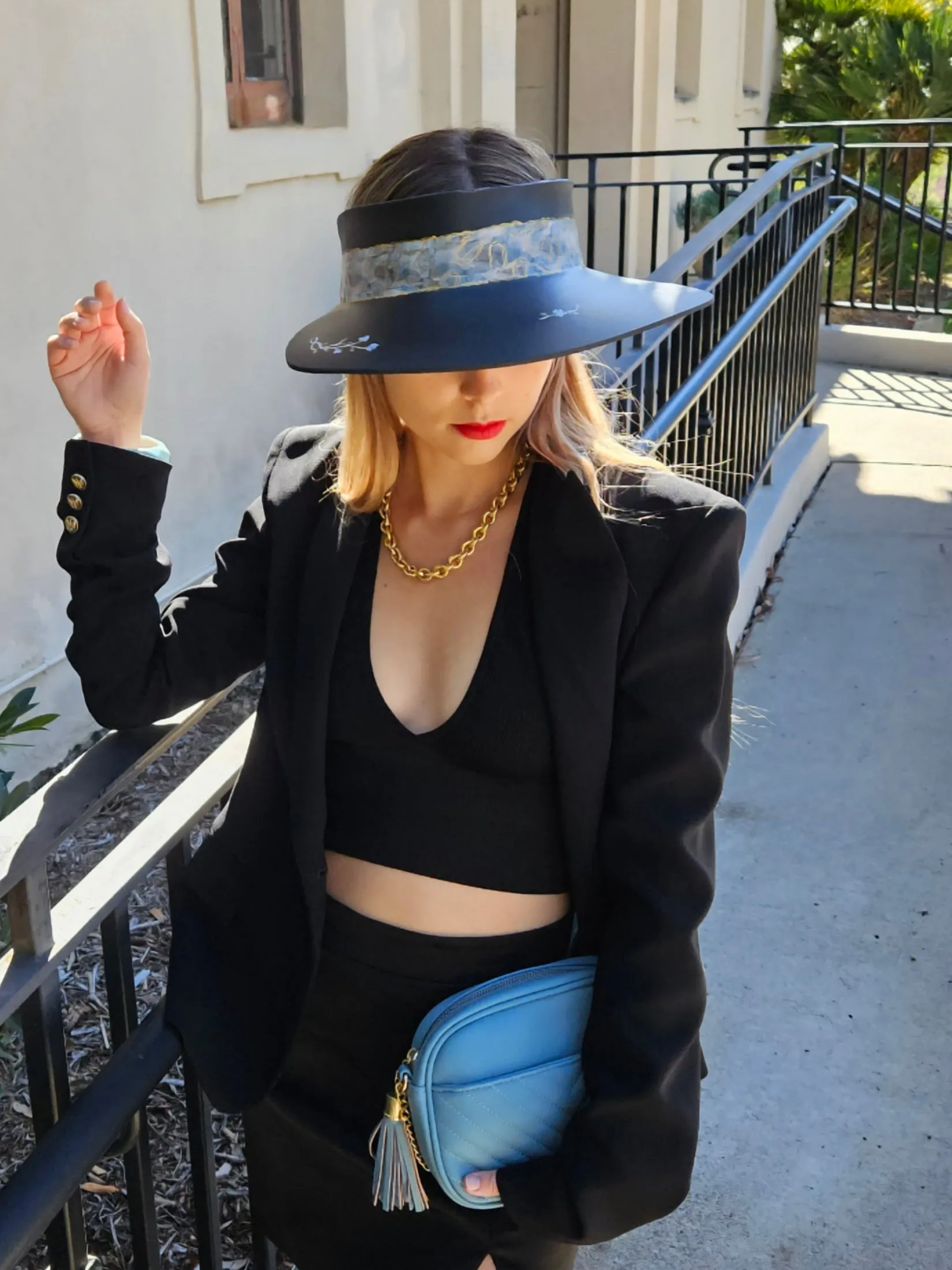 Black "LadyEVA" Visor Hat with Pale Blue Band and Handpainted Floral Motif