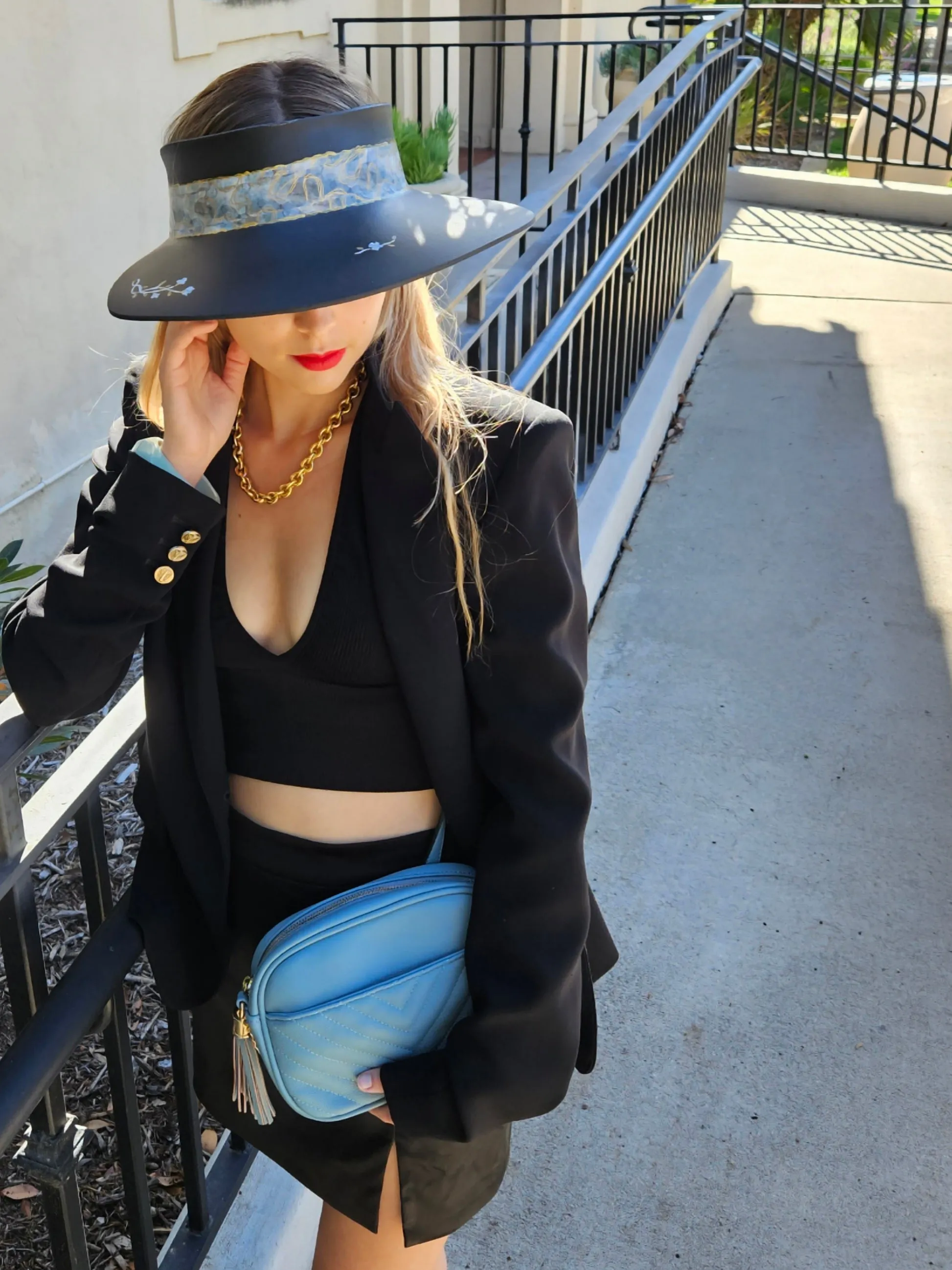 Black "LadyEVA" Visor Hat with Pale Blue Band and Handpainted Floral Motif