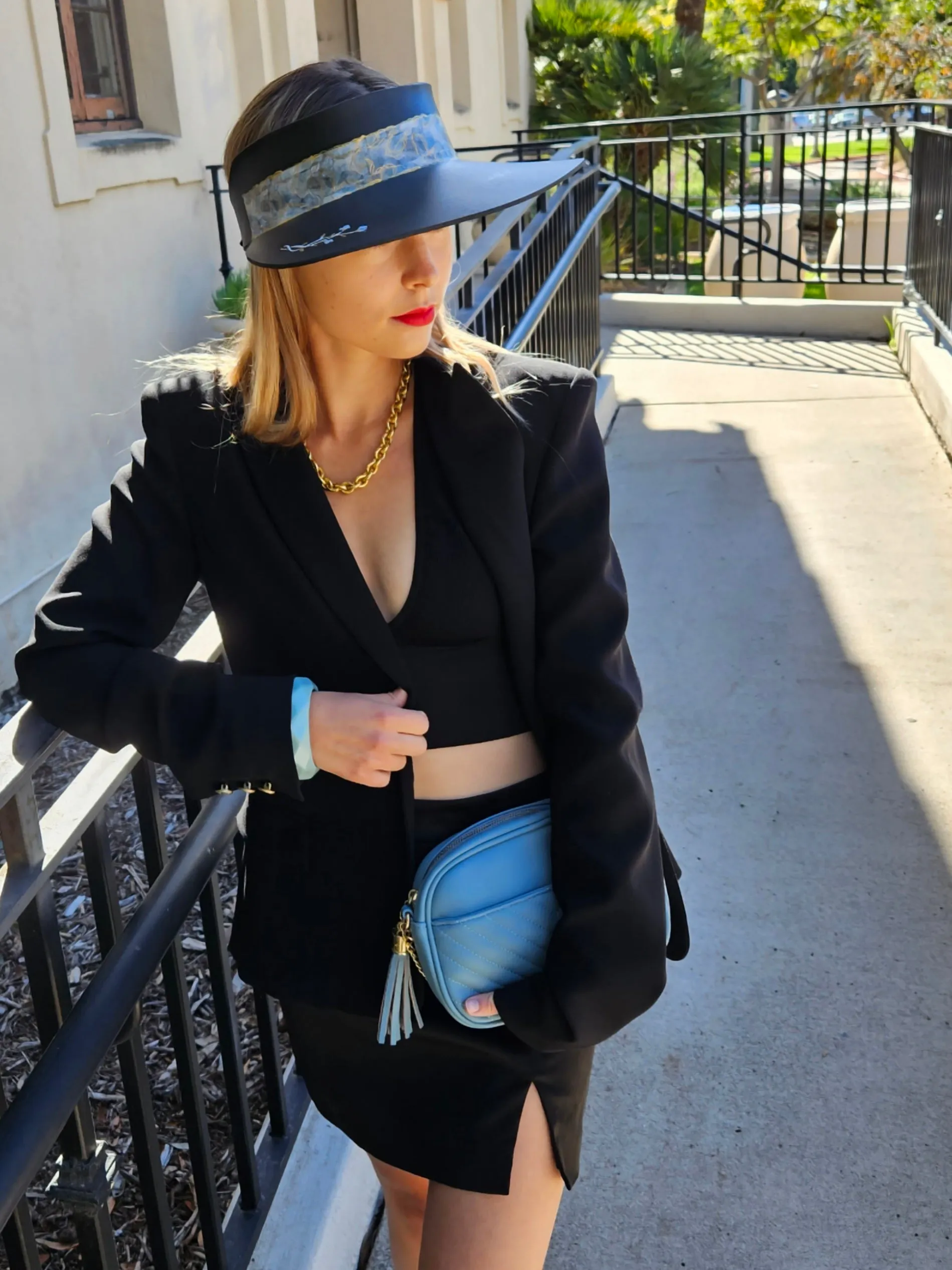 Black "LadyEVA" Visor Hat with Pale Blue Band and Handpainted Floral Motif