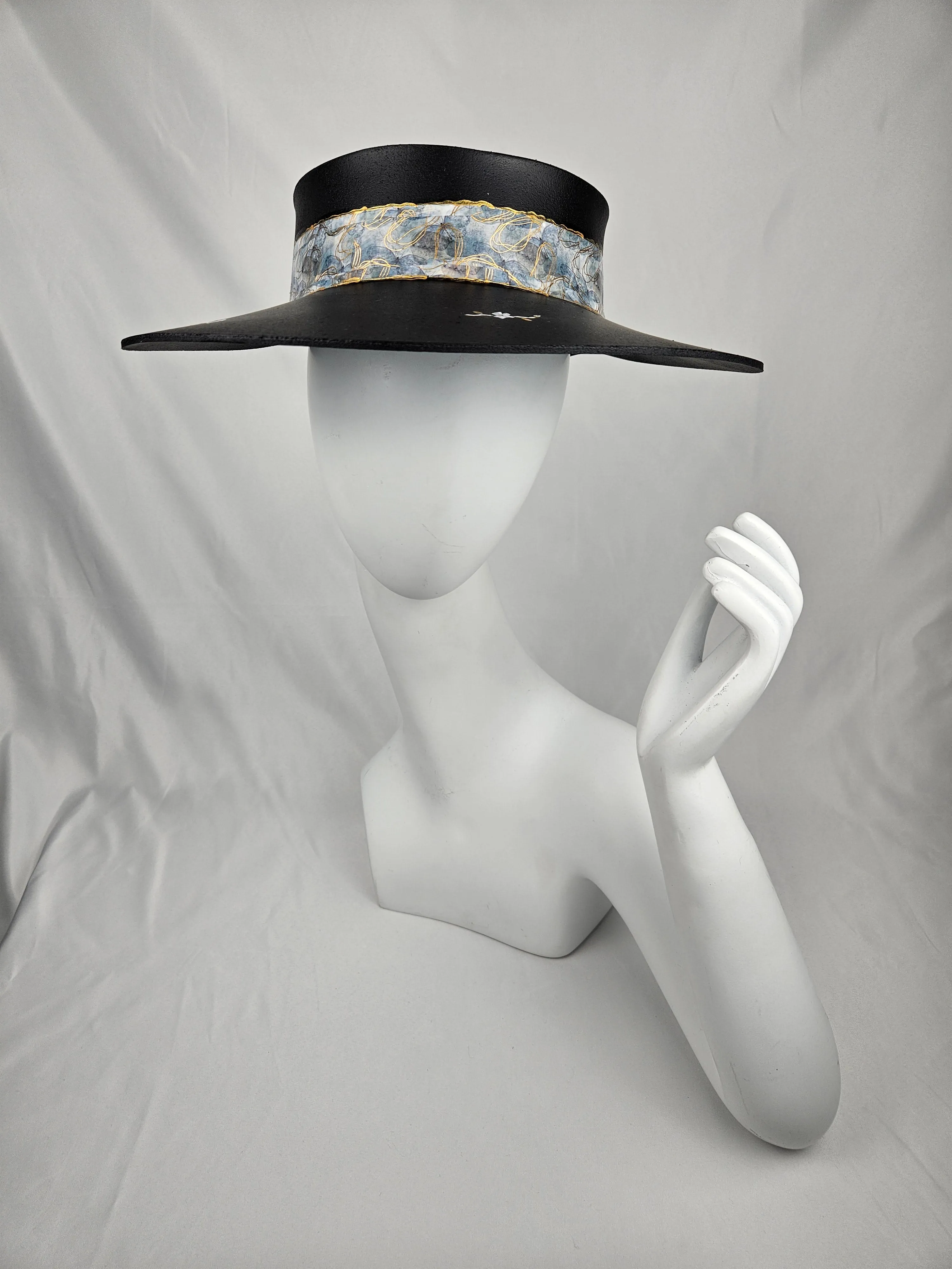 Black "LadyEVA" Visor Hat with Pale Blue Band and Handpainted Floral Motif