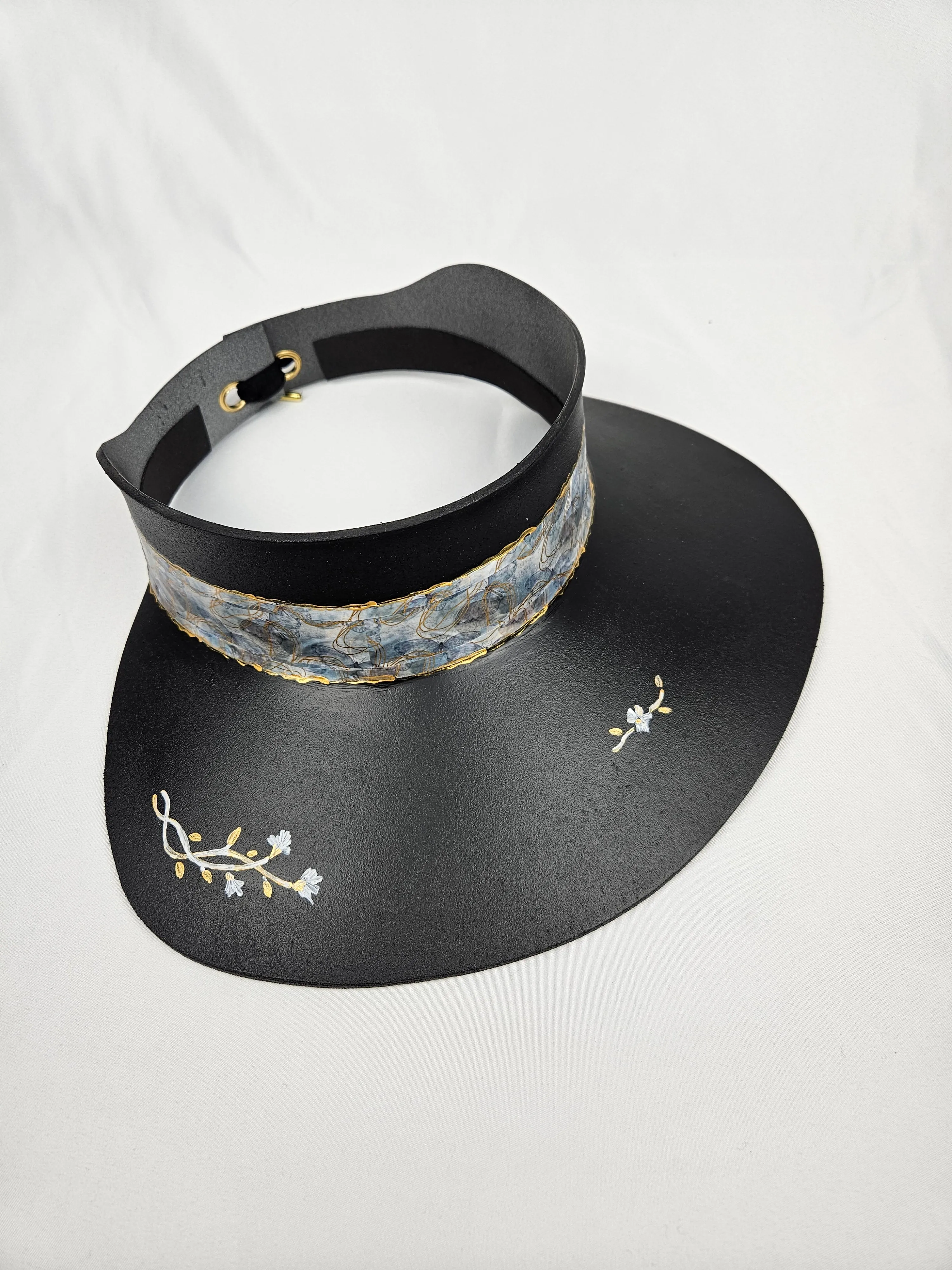 Black "LadyEVA" Visor Hat with Pale Blue Band and Handpainted Floral Motif