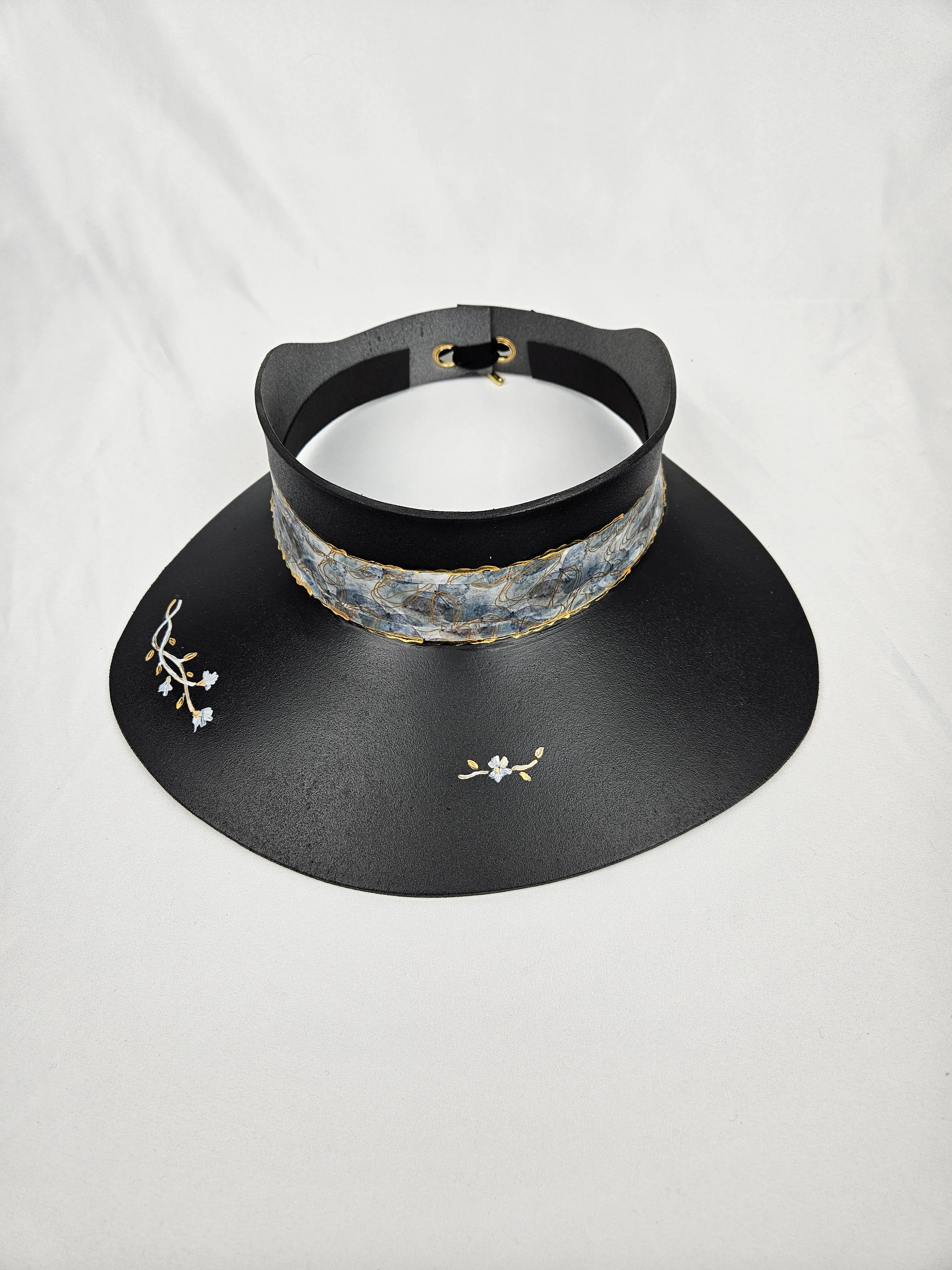 Black "LadyEVA" Visor Hat with Pale Blue Band and Handpainted Floral Motif