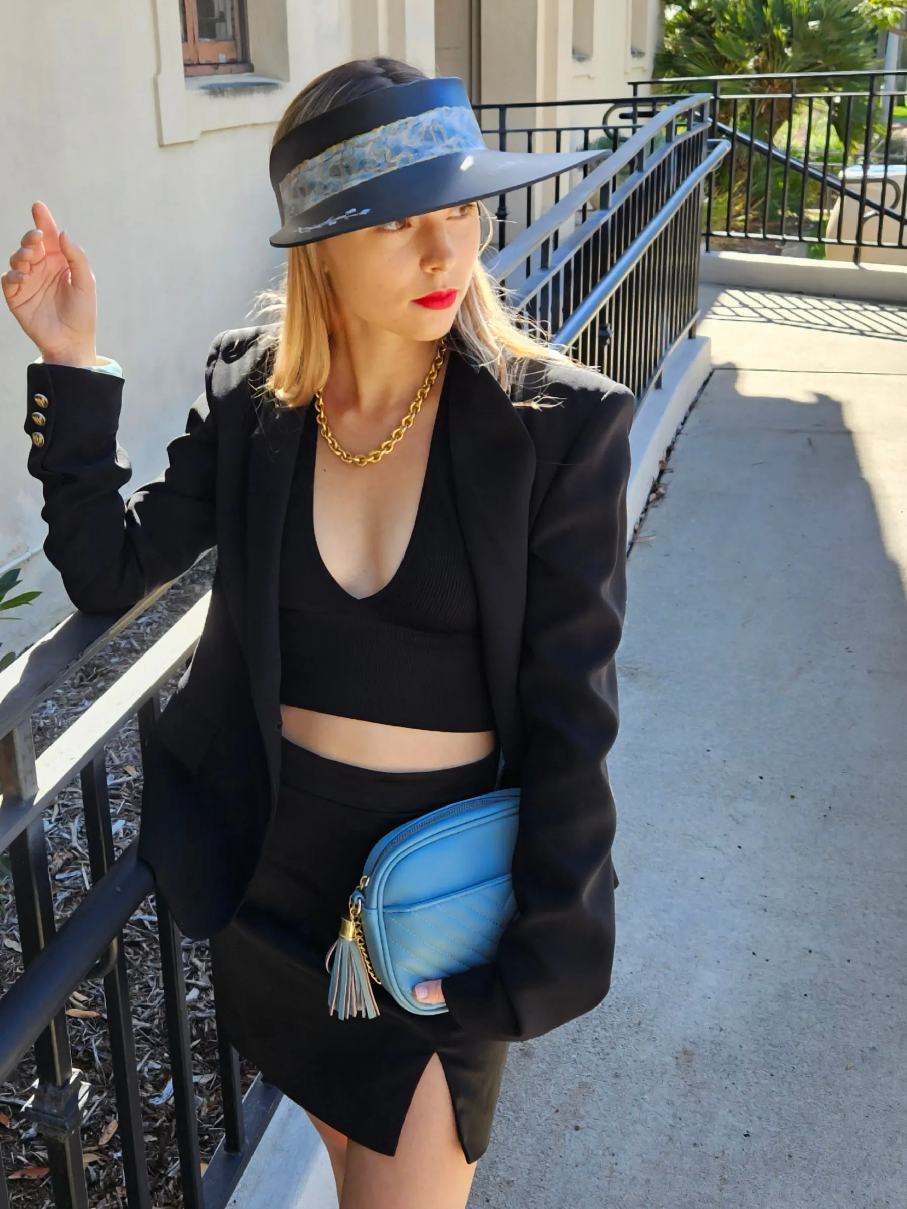 Black "LadyEVA" Visor Hat with Pale Blue Band and Handpainted Floral Motif