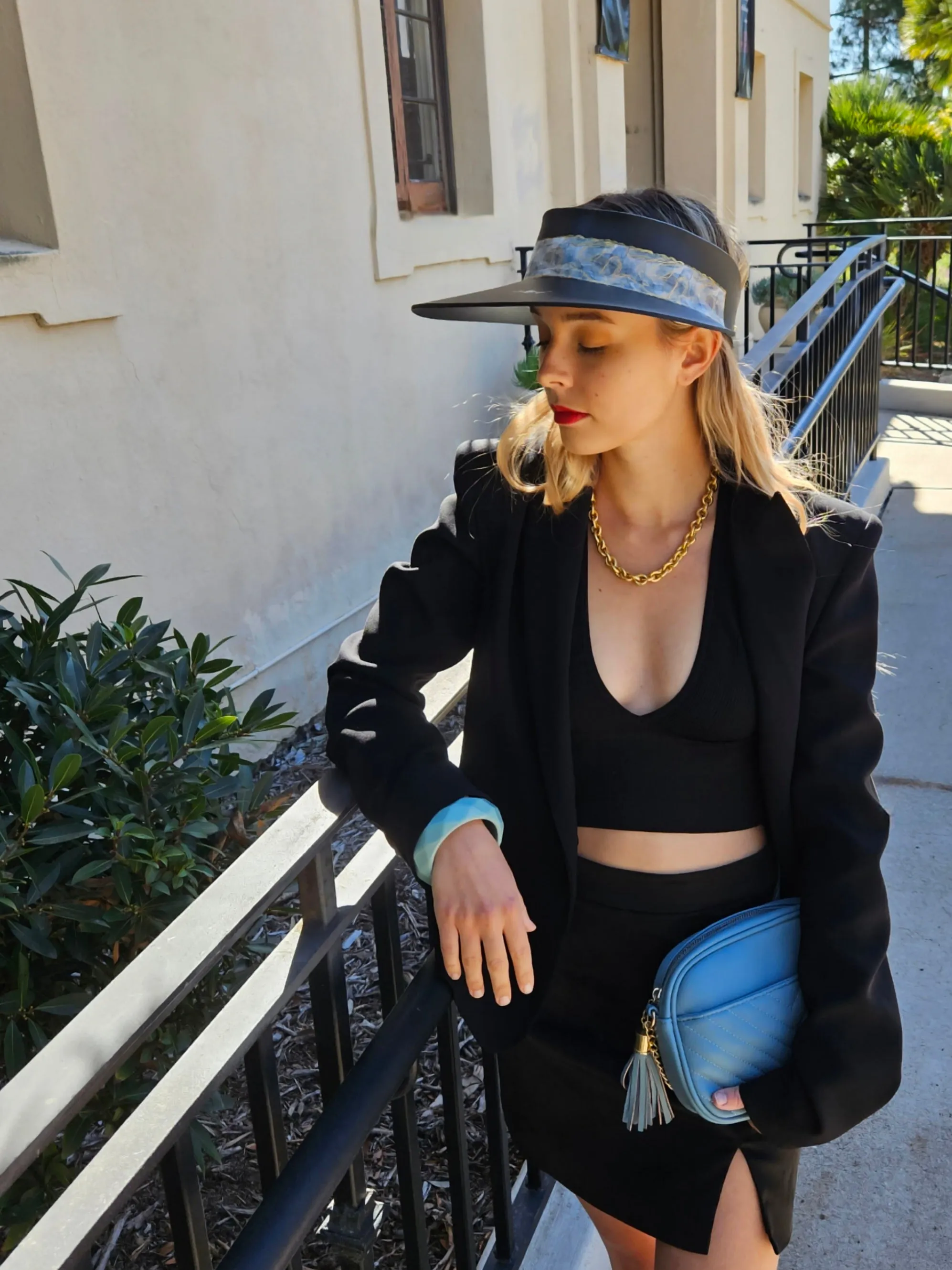 Black "LadyEVA" Visor Hat with Pale Blue Band and Handpainted Floral Motif