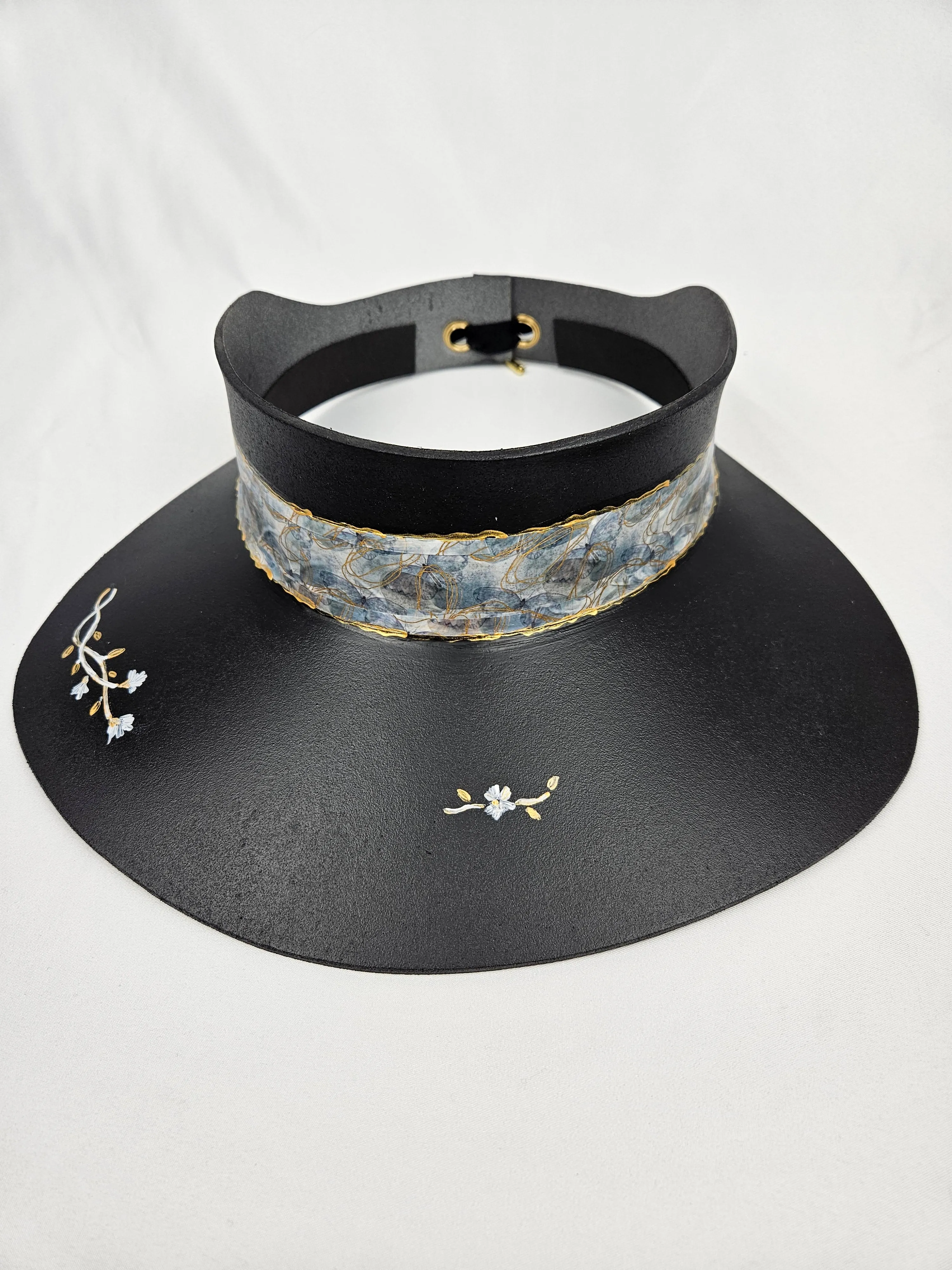 Black "LadyEVA" Visor Hat with Pale Blue Band and Handpainted Floral Motif