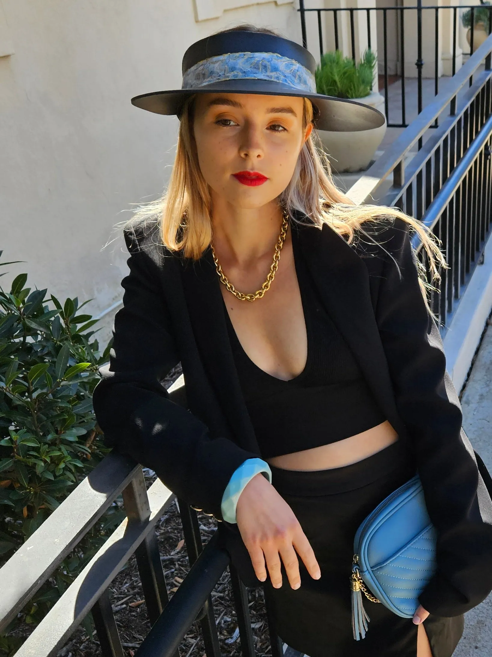 Black "LadyEVA" Visor Hat with Pale Blue Band and Handpainted Floral Motif