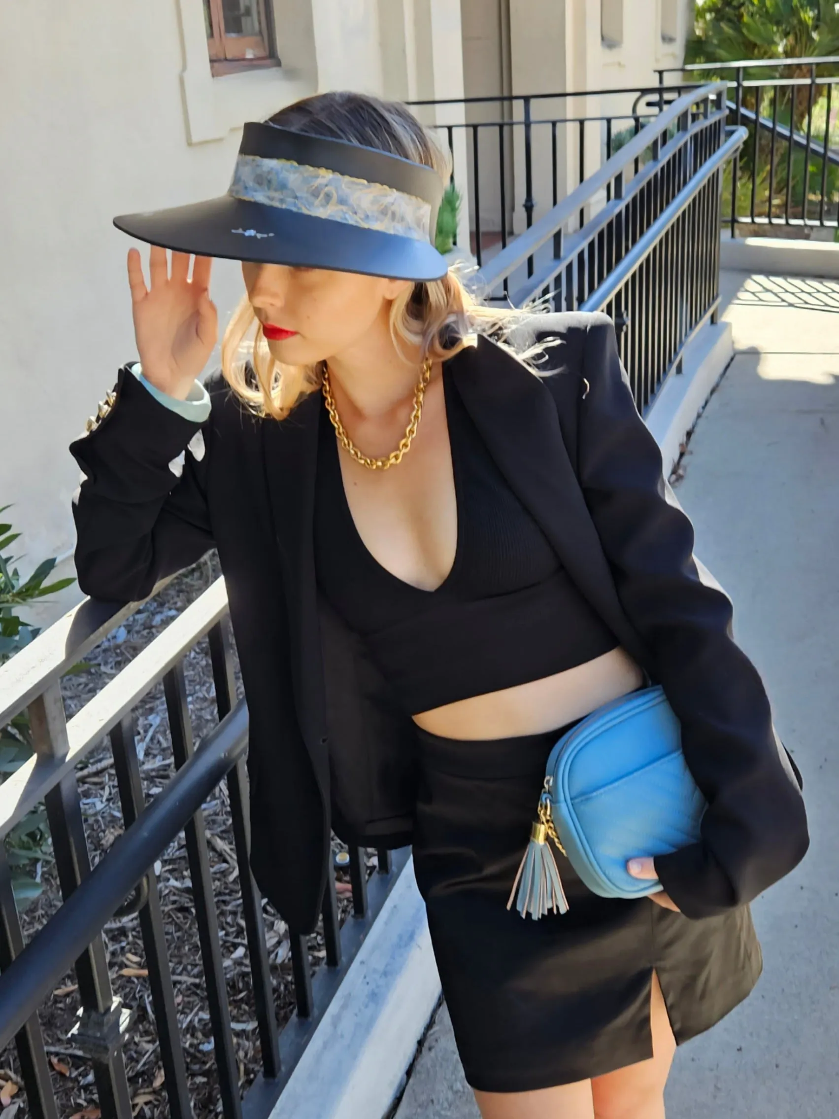 Black "LadyEVA" Visor Hat with Pale Blue Band and Handpainted Floral Motif