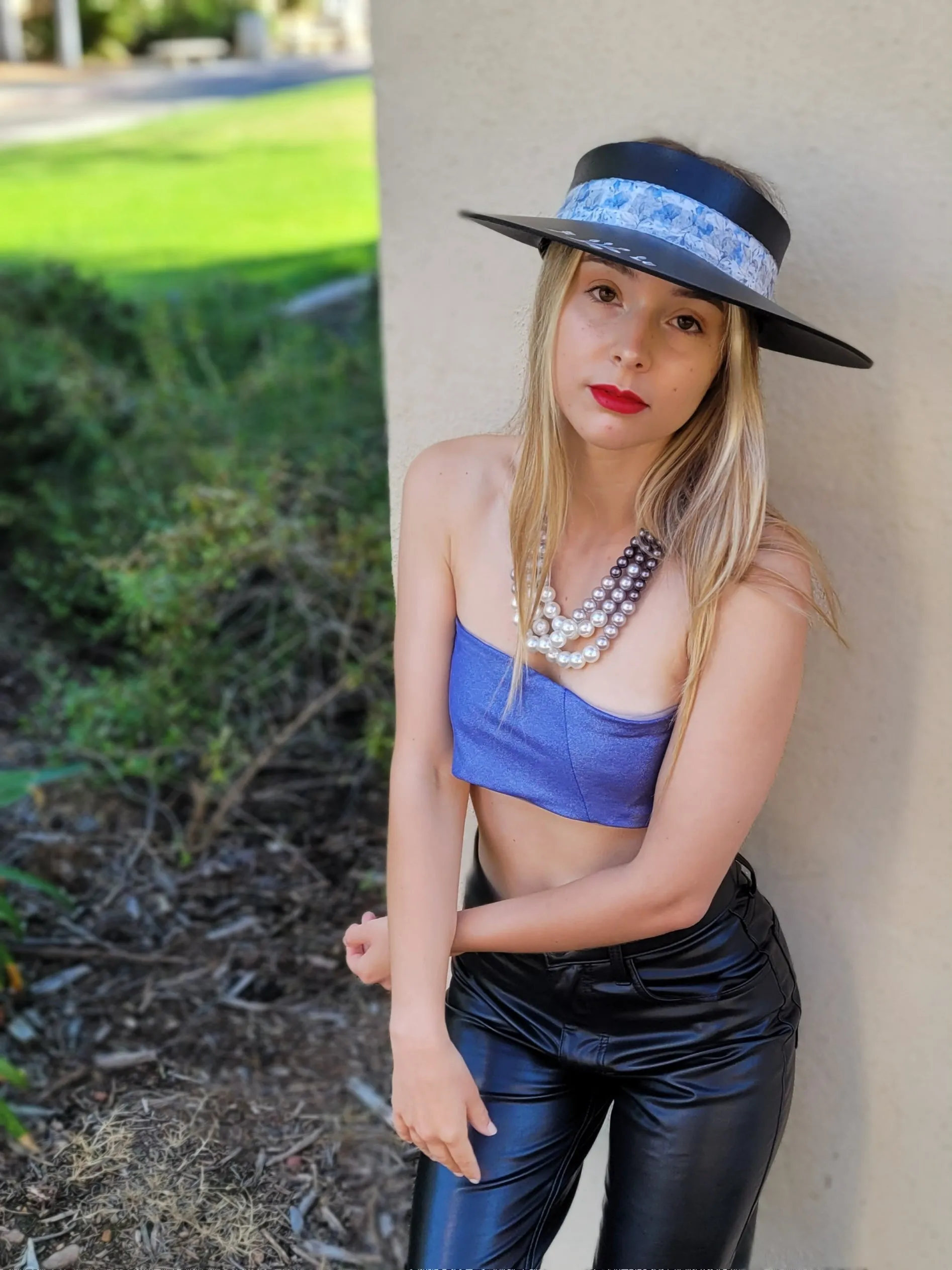 Black "LadyEVA" Visor Hat with Pale Blue Floral Band, Silver Accents and HandPainted Floral Motif