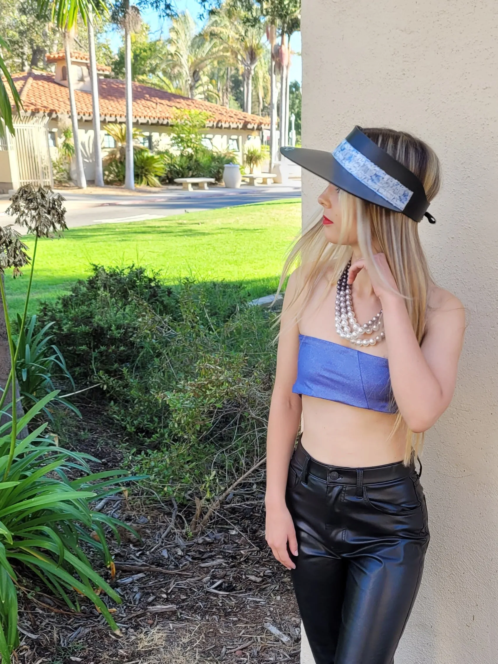 Black "LadyEVA" Visor Hat with Pale Blue Floral Band, Silver Accents and HandPainted Floral Motif