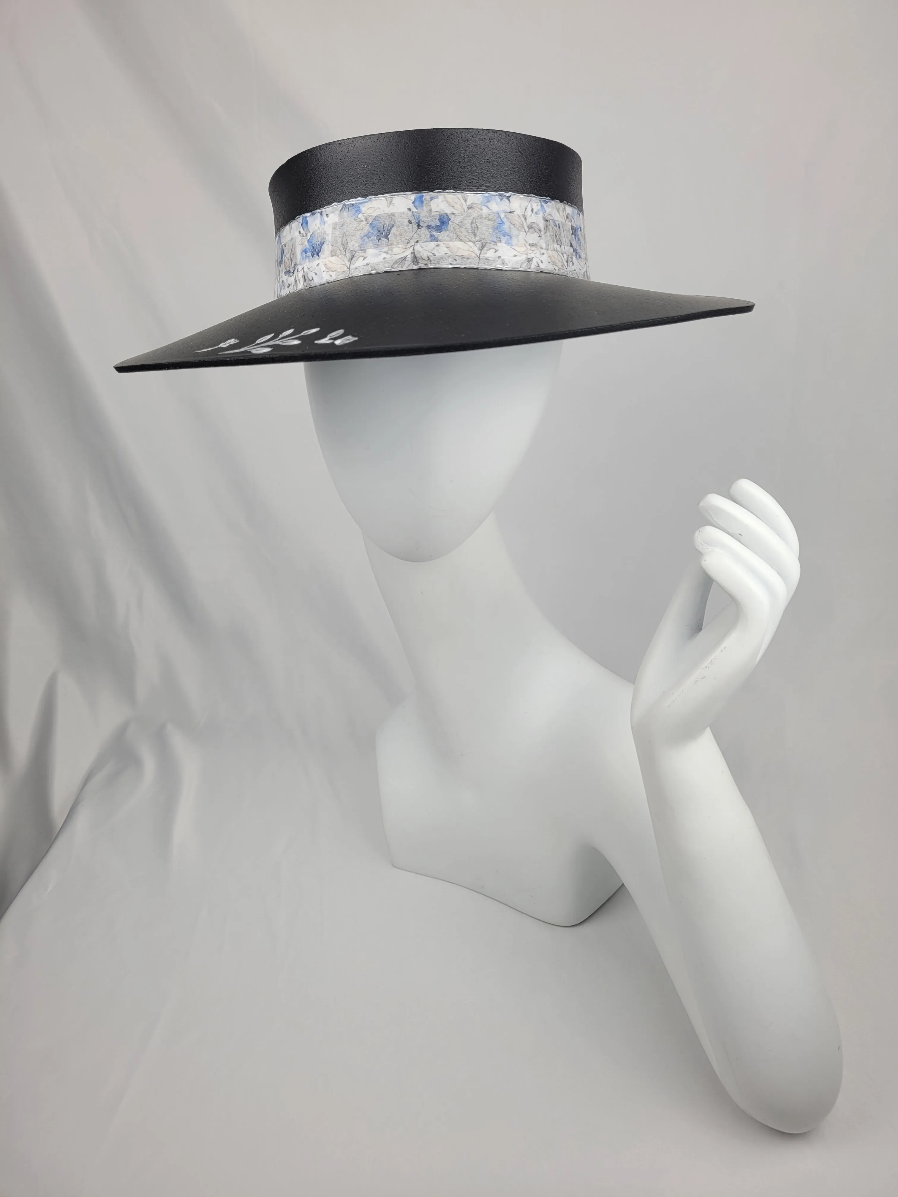 Black "LadyEVA" Visor Hat with Pale Blue Floral Band, Silver Accents and HandPainted Floral Motif