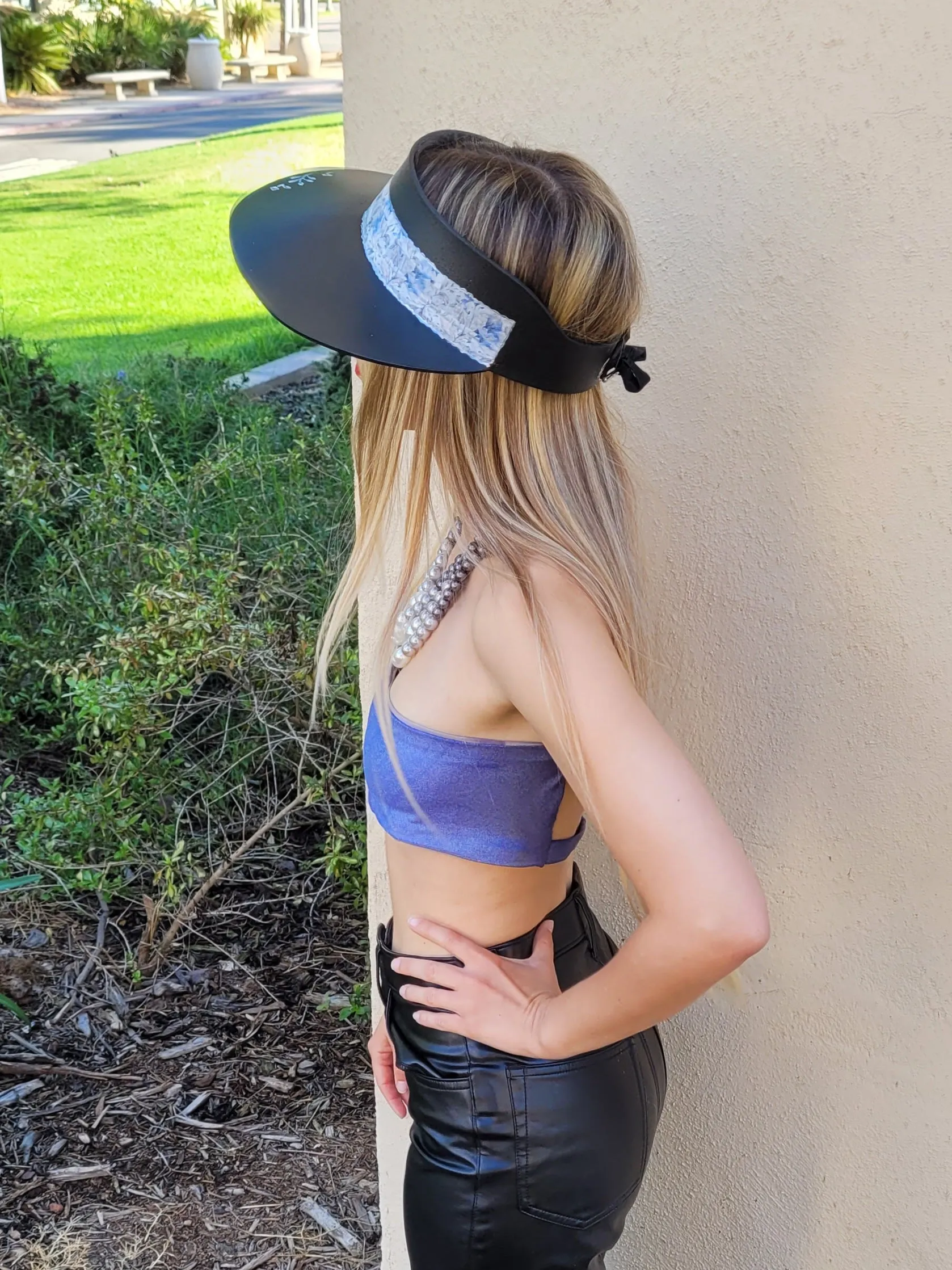 Black "LadyEVA" Visor Hat with Pale Blue Floral Band, Silver Accents and HandPainted Floral Motif