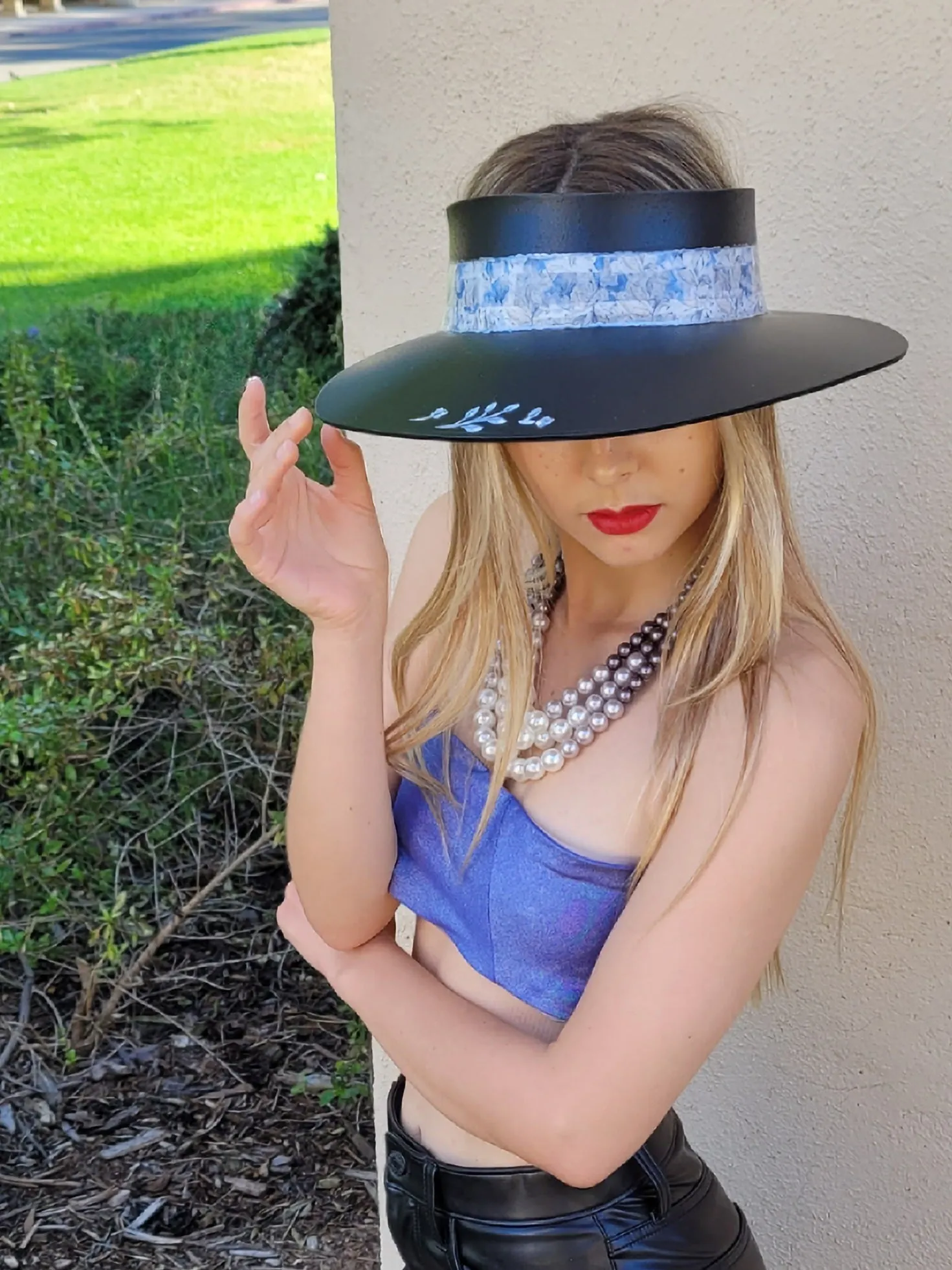 Black "LadyEVA" Visor Hat with Pale Blue Floral Band, Silver Accents and HandPainted Floral Motif