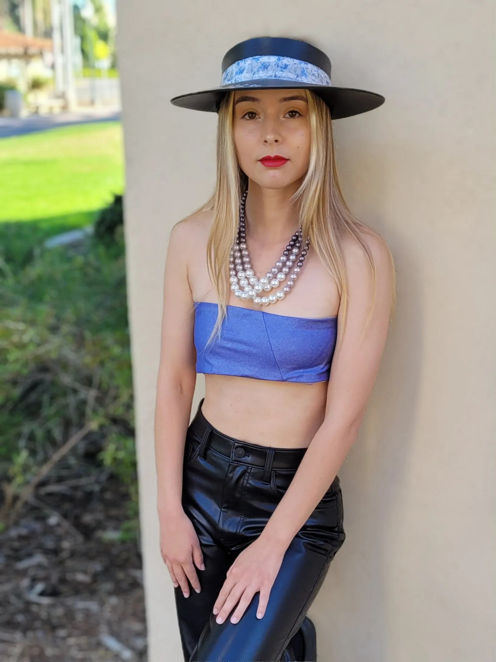 Black "LadyEVA" Visor Hat with Pale Blue Floral Band, Silver Accents and HandPainted Floral Motif
