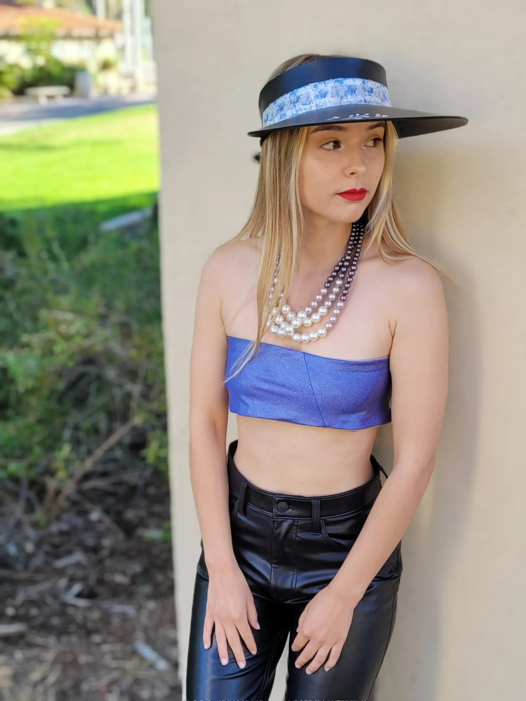 Black "LadyEVA" Visor Hat with Pale Blue Floral Band, Silver Accents and HandPainted Floral Motif