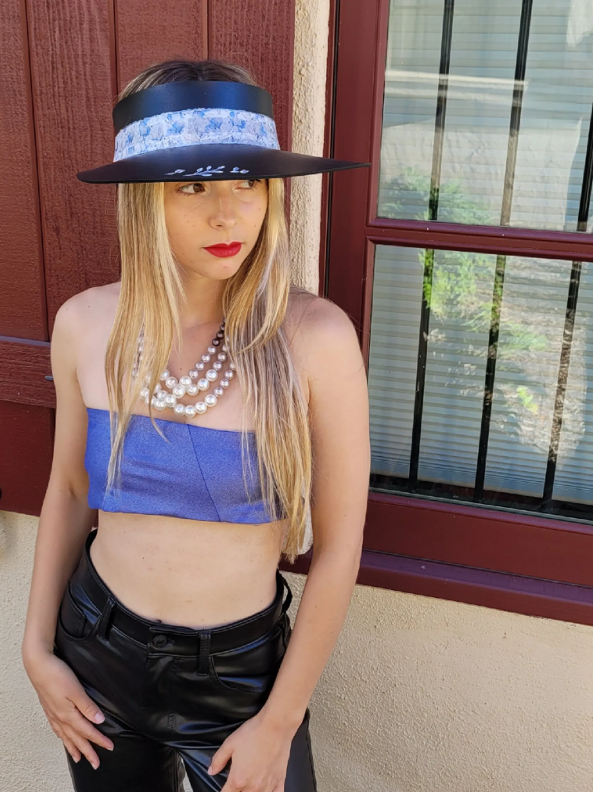 Black "LadyEVA" Visor Hat with Pale Blue Floral Band, Silver Accents and HandPainted Floral Motif