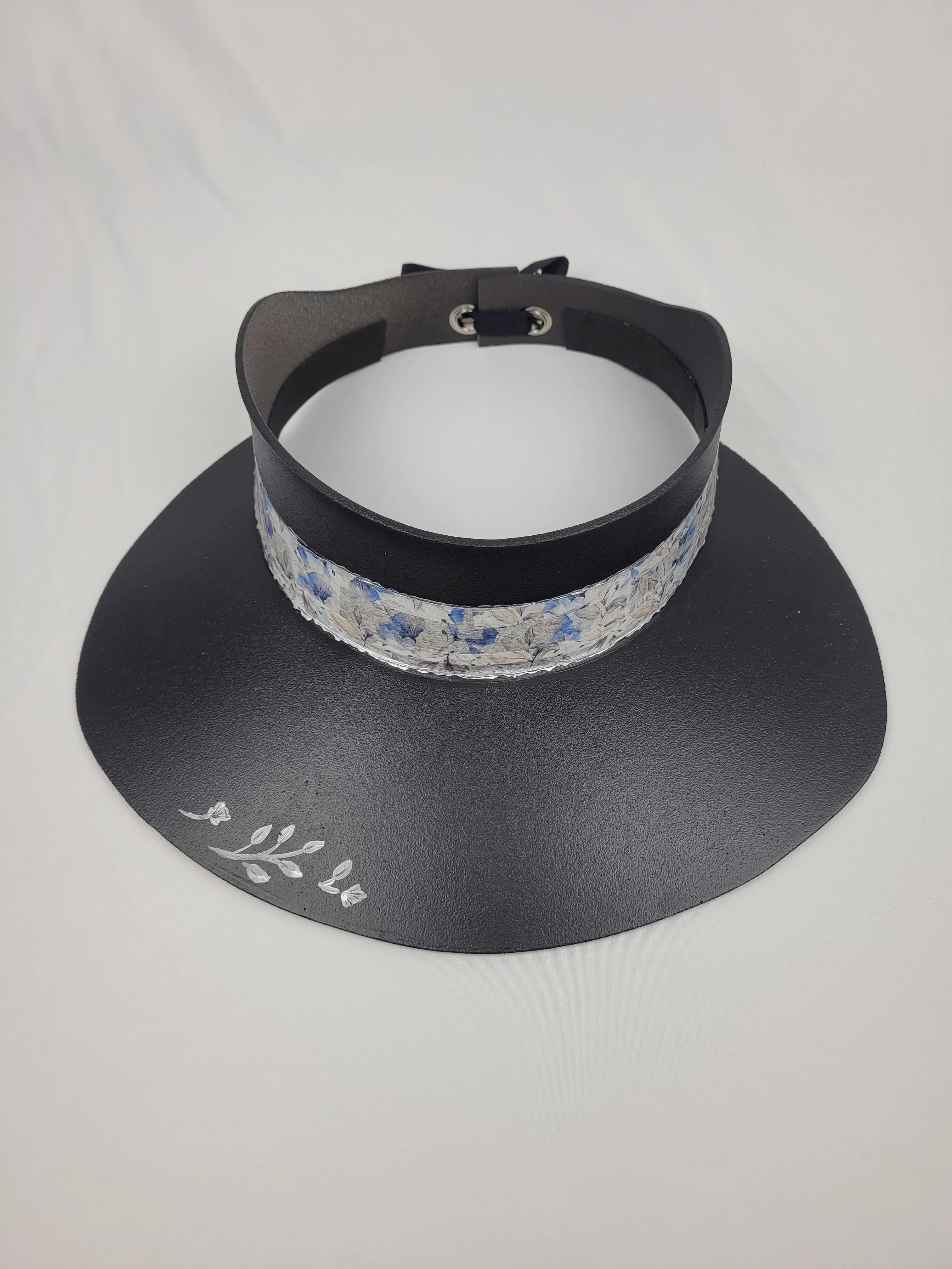 Black "LadyEVA" Visor Hat with Pale Blue Floral Band, Silver Accents and HandPainted Floral Motif