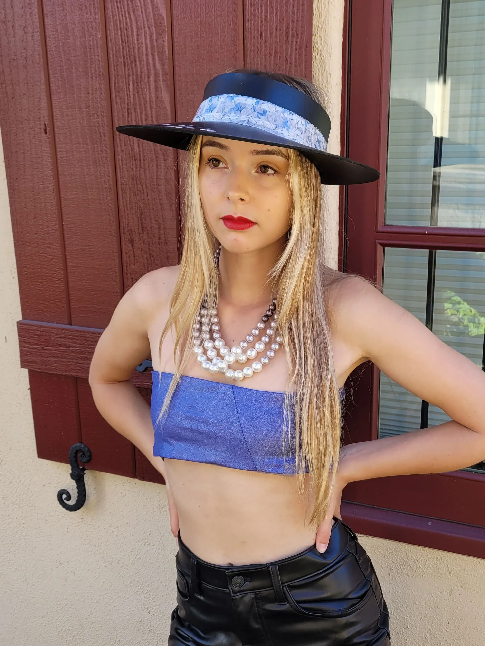 Black "LadyEVA" Visor Hat with Pale Blue Floral Band, Silver Accents and HandPainted Floral Motif