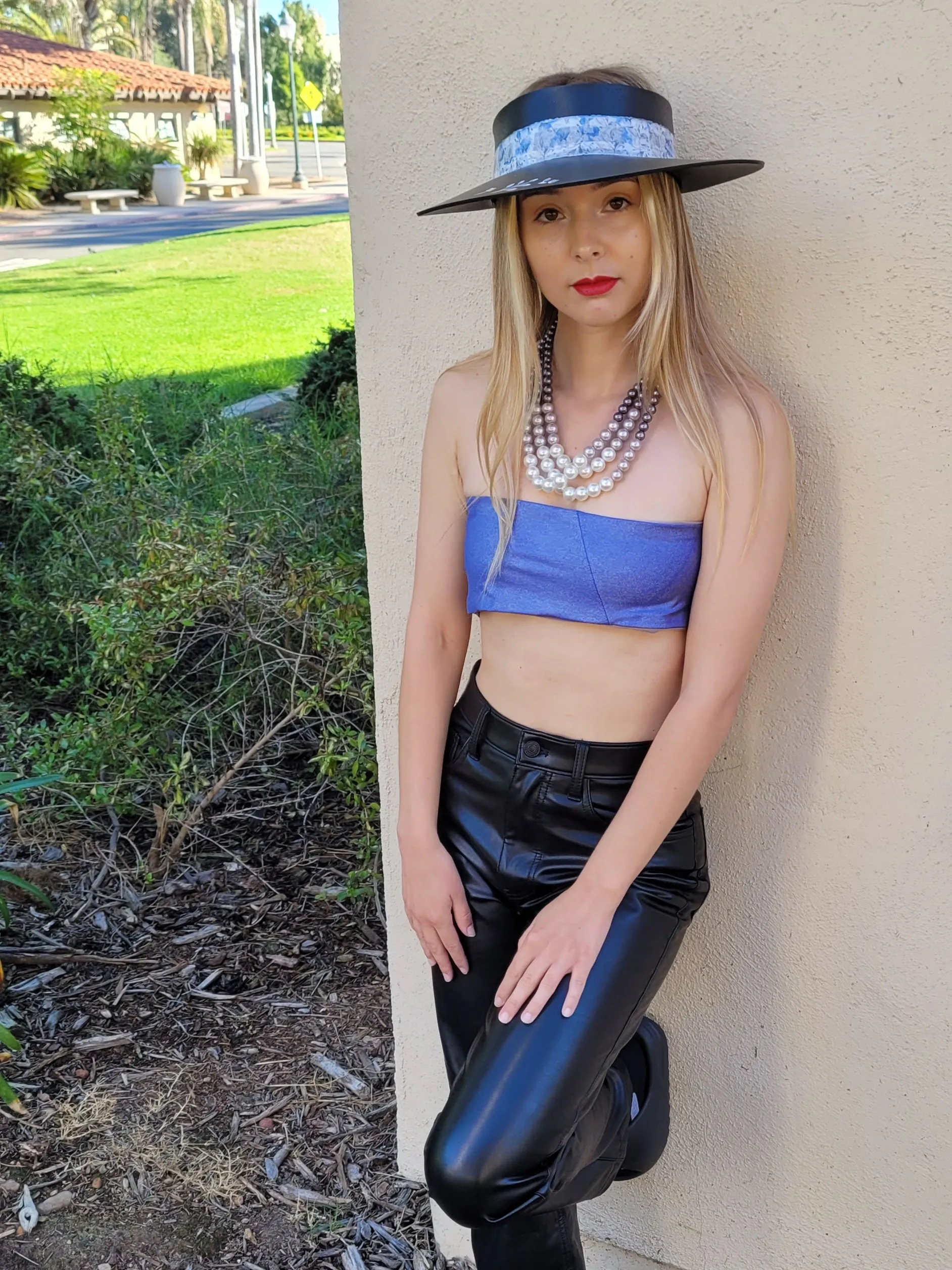 Black "LadyEVA" Visor Hat with Pale Blue Floral Band, Silver Accents and HandPainted Floral Motif