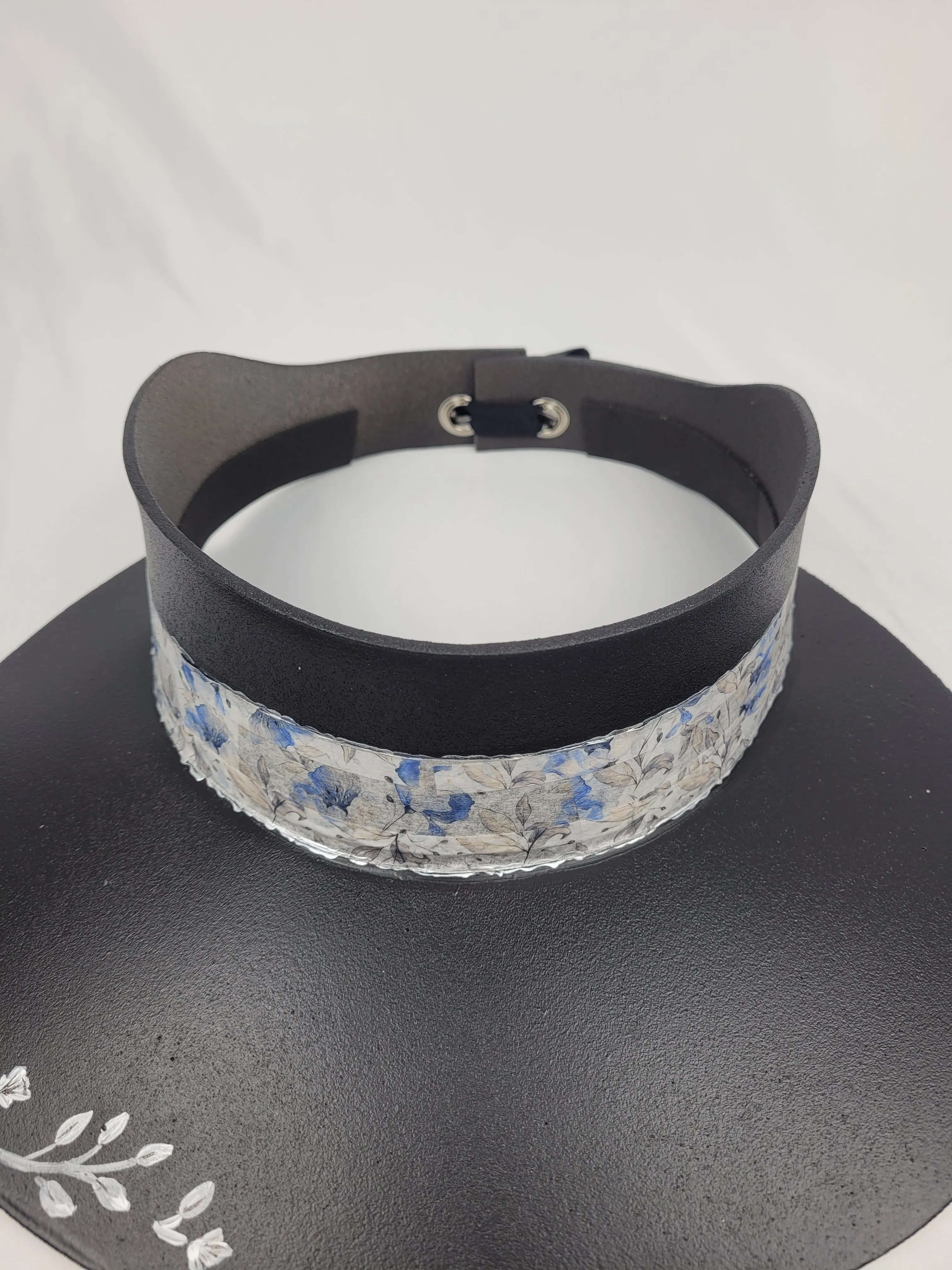 Black "LadyEVA" Visor Hat with Pale Blue Floral Band, Silver Accents and HandPainted Floral Motif