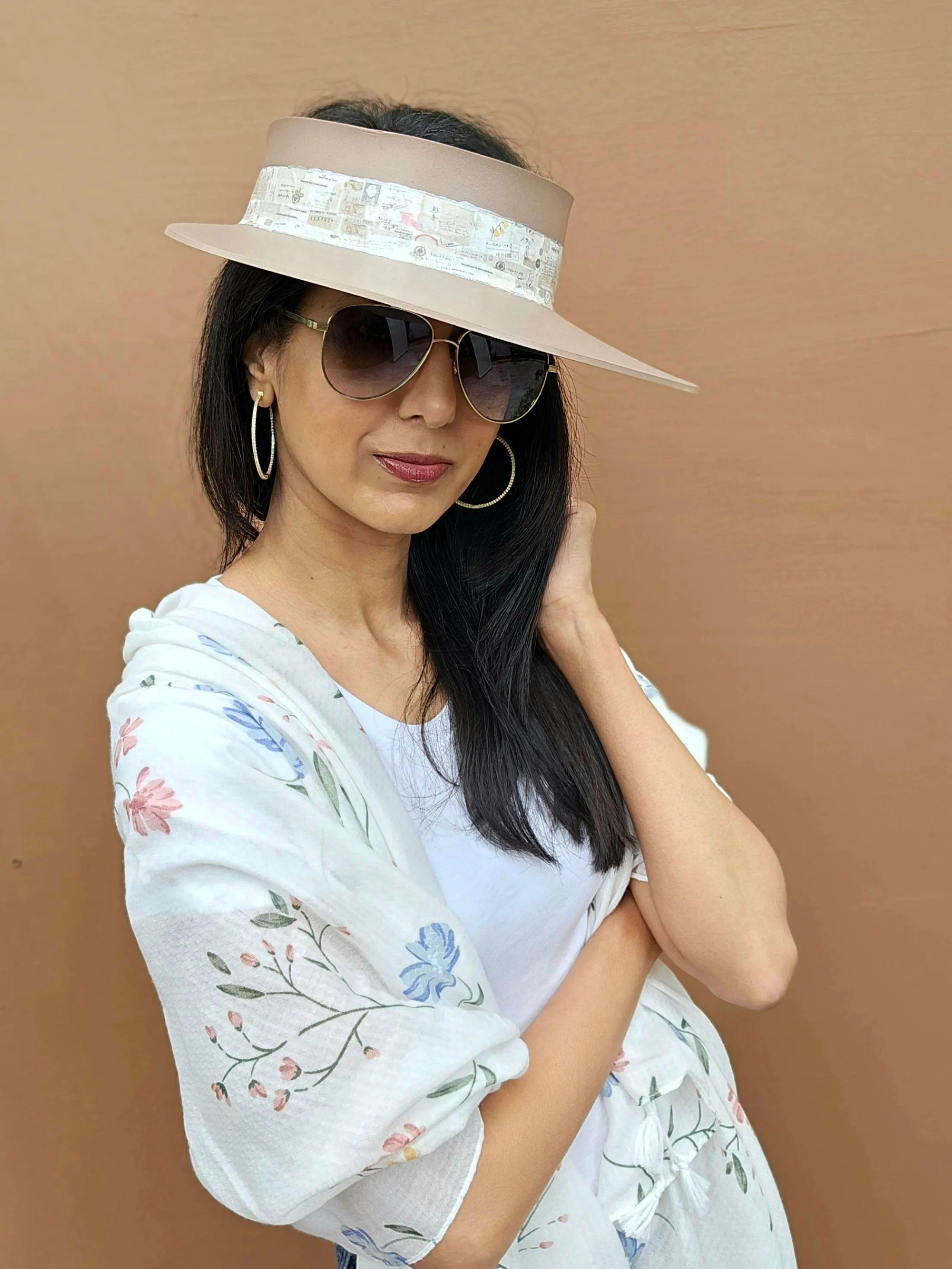 Brown "LadyEVA" Visor Hat with Botanical Themed Band