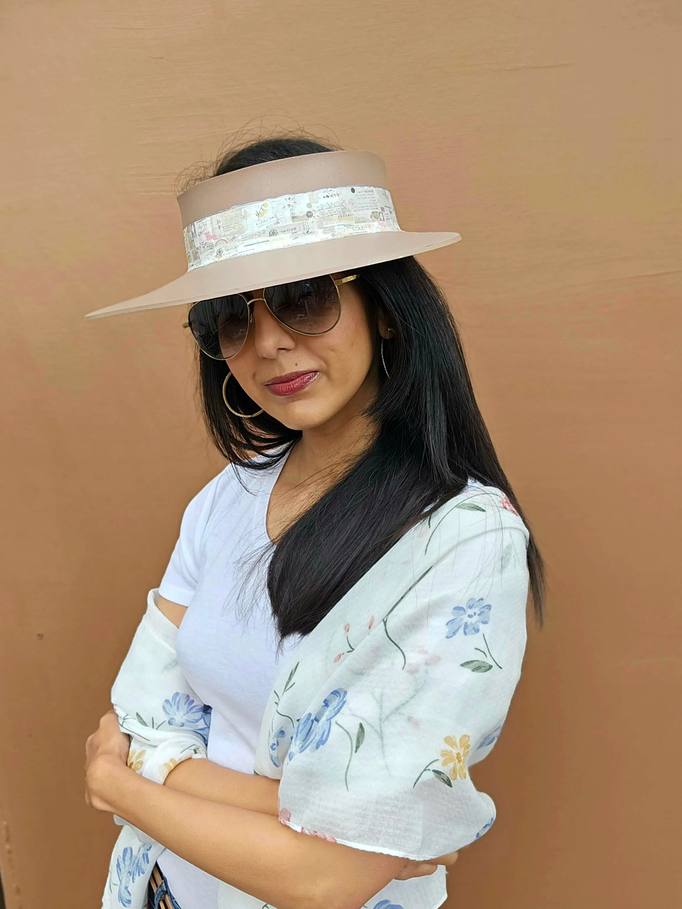 Brown "LadyEVA" Visor Hat with Botanical Themed Band