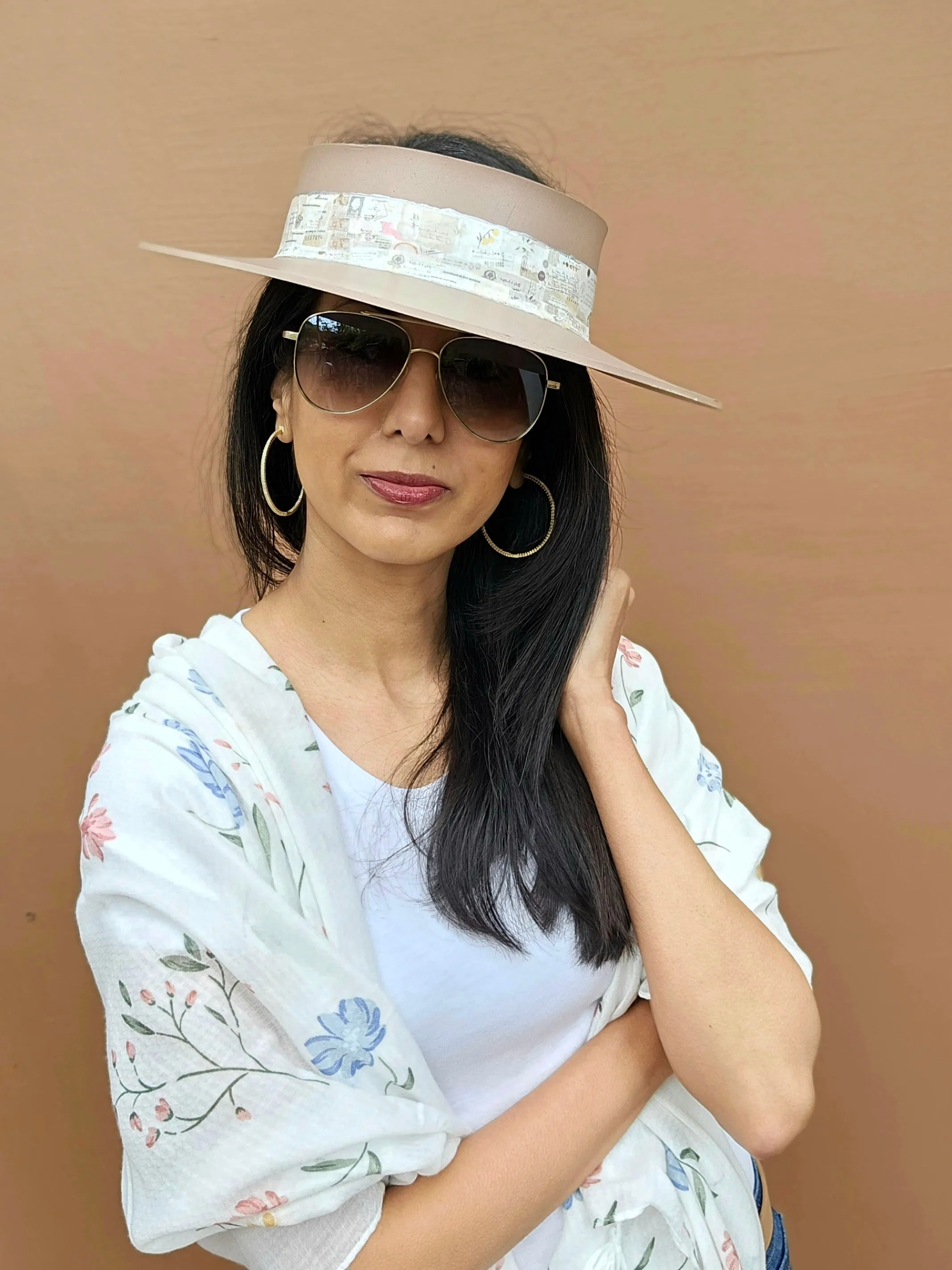 Brown "LadyEVA" Visor Hat with Botanical Themed Band