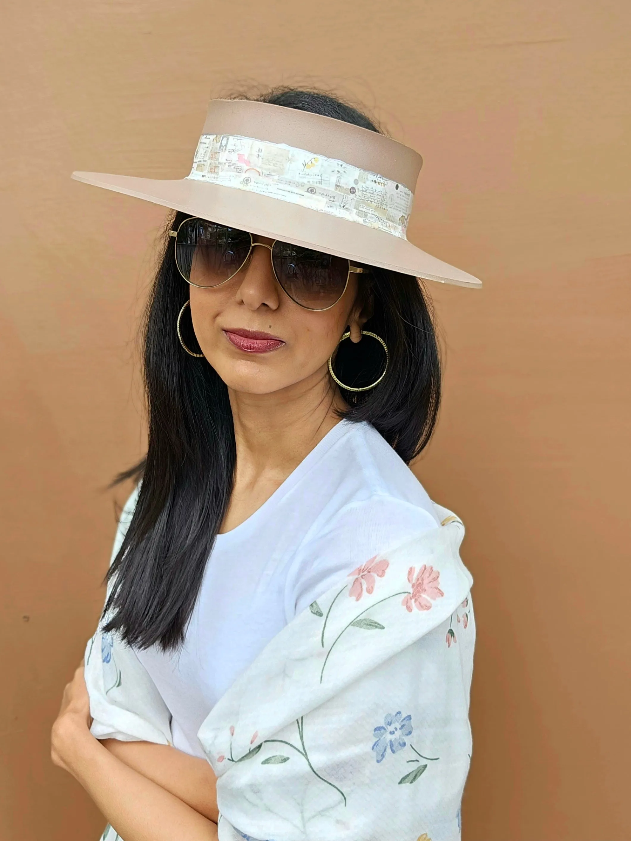 Brown "LadyEVA" Visor Hat with Botanical Themed Band