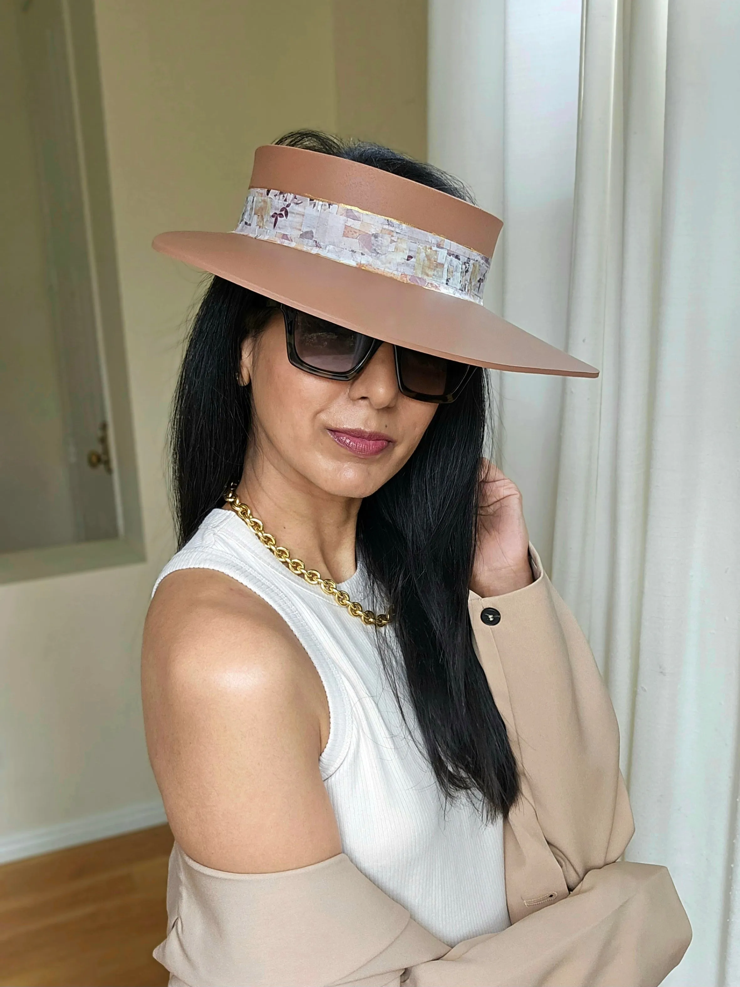 Brown "LadyEVA" Visor Hat with Botanical Themed Collage Band