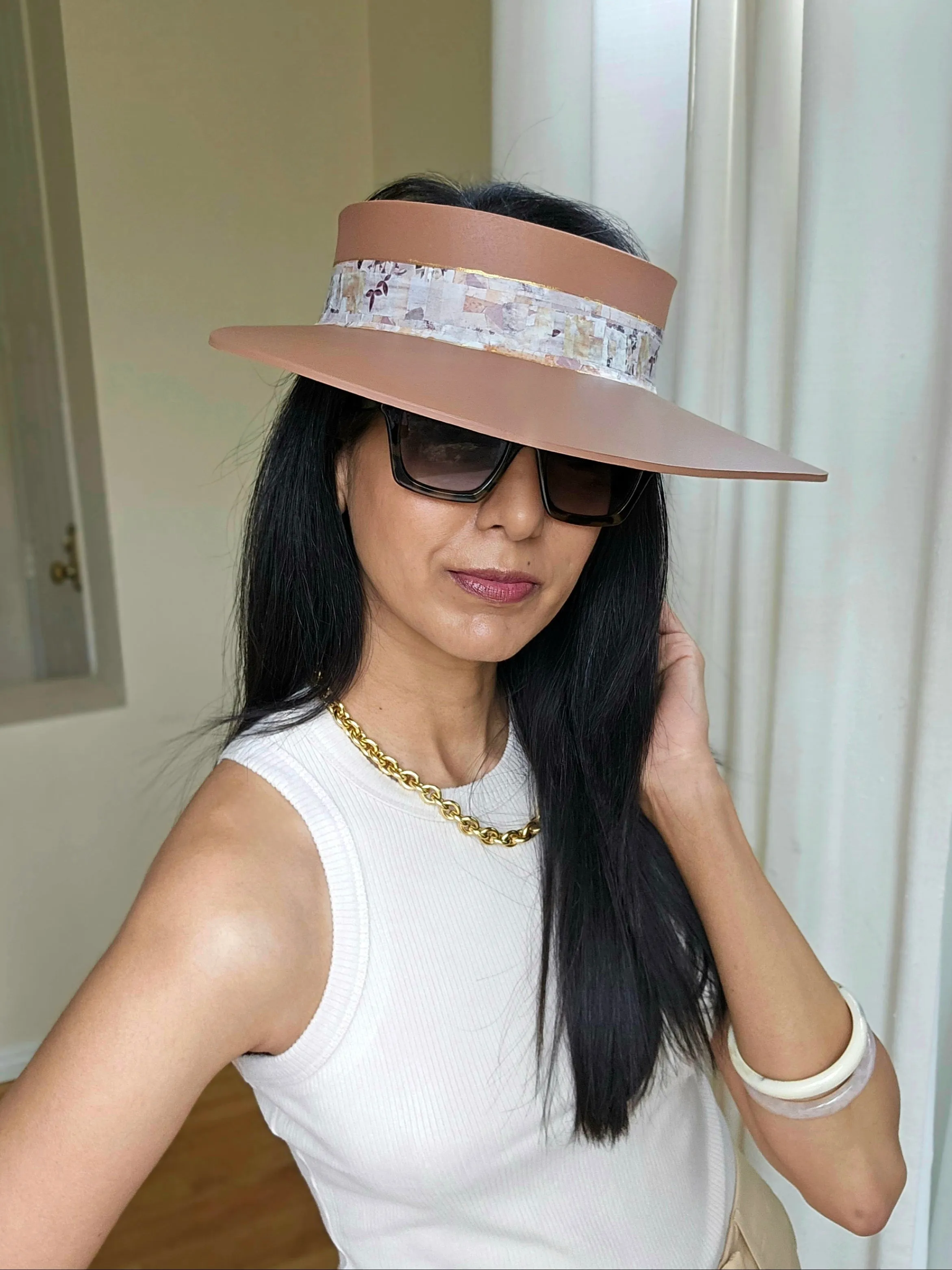 Brown "LadyEVA" Visor Hat with Botanical Themed Collage Band