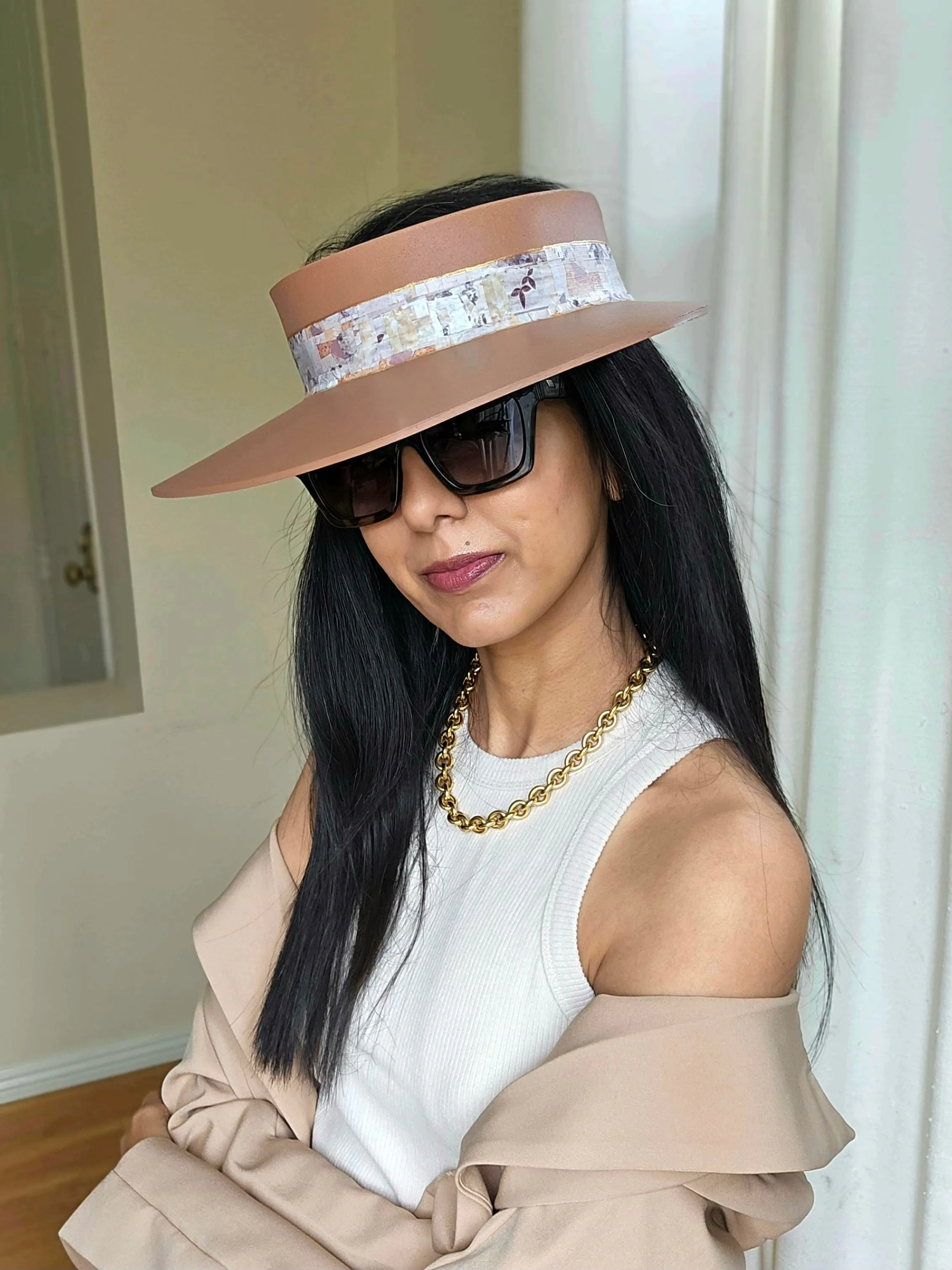 Brown "LadyEVA" Visor Hat with Botanical Themed Collage Band