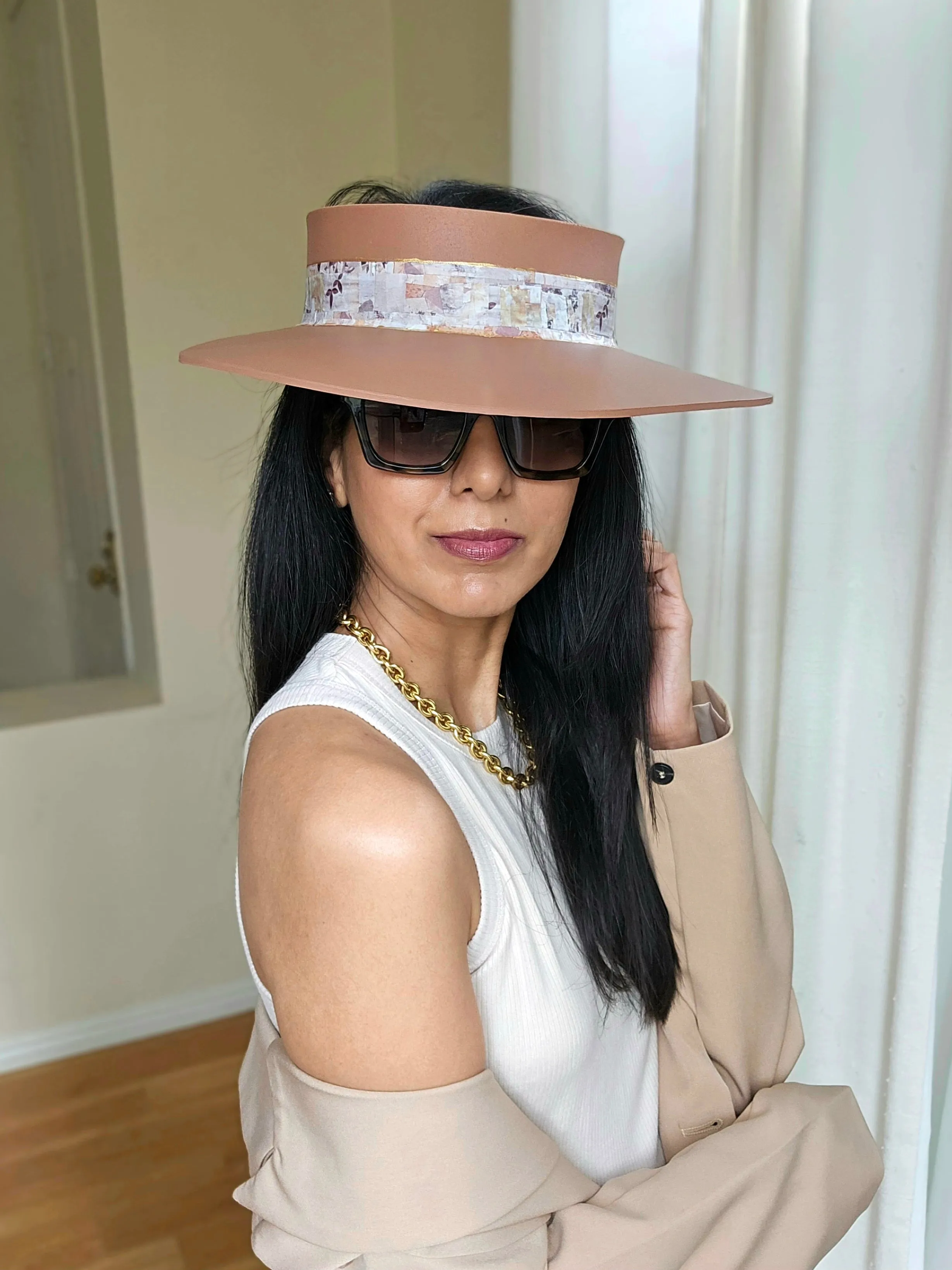 Brown "LadyEVA" Visor Hat with Botanical Themed Collage Band