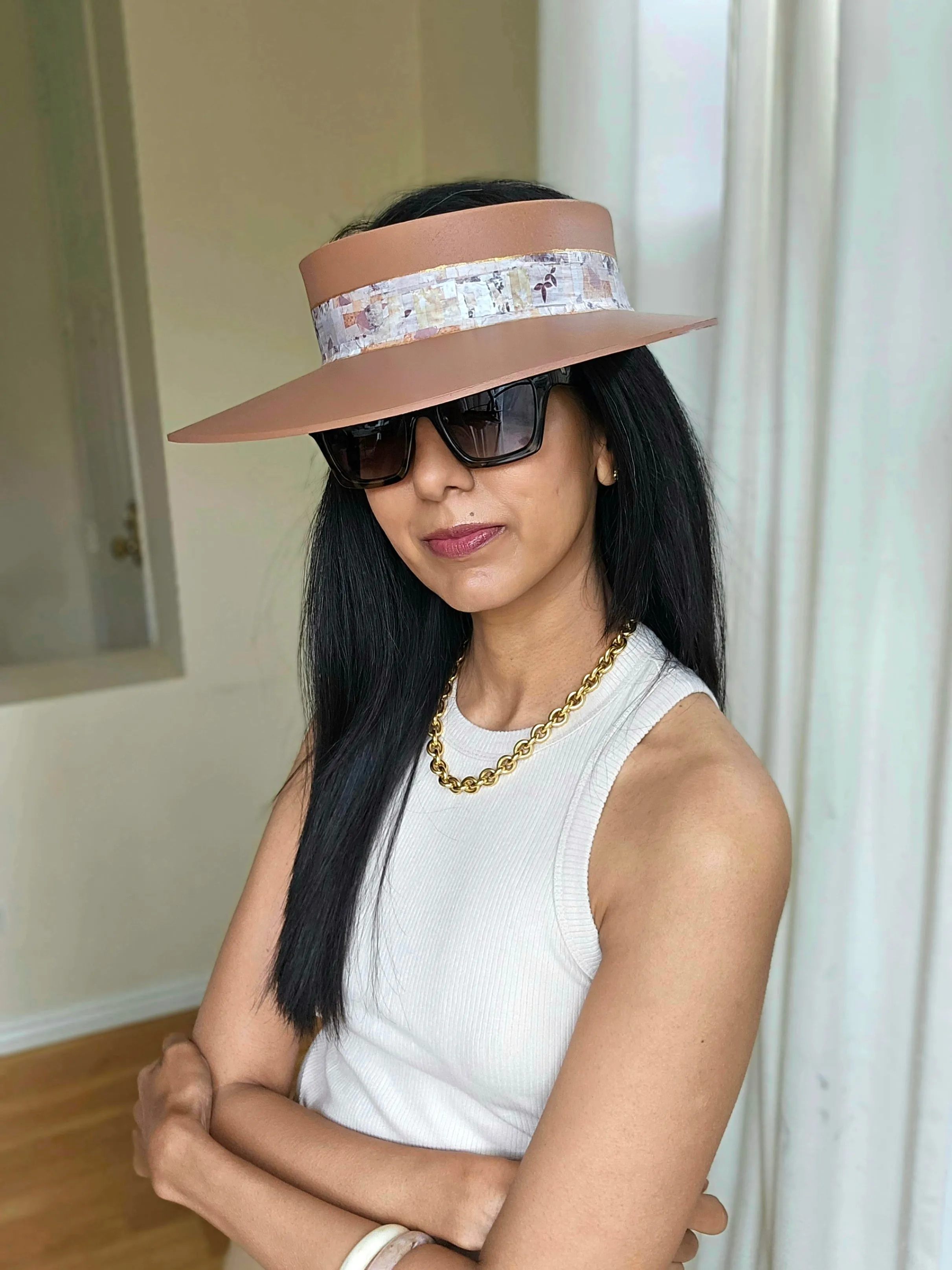 Brown "LadyEVA" Visor Hat with Botanical Themed Collage Band