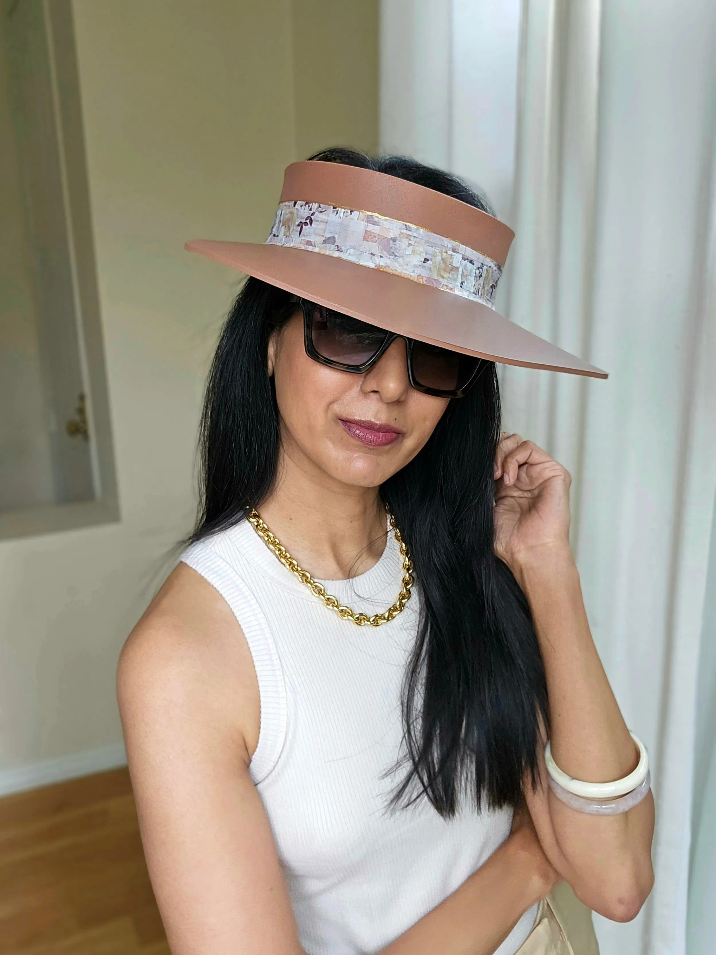 Brown "LadyEVA" Visor Hat with Botanical Themed Collage Band
