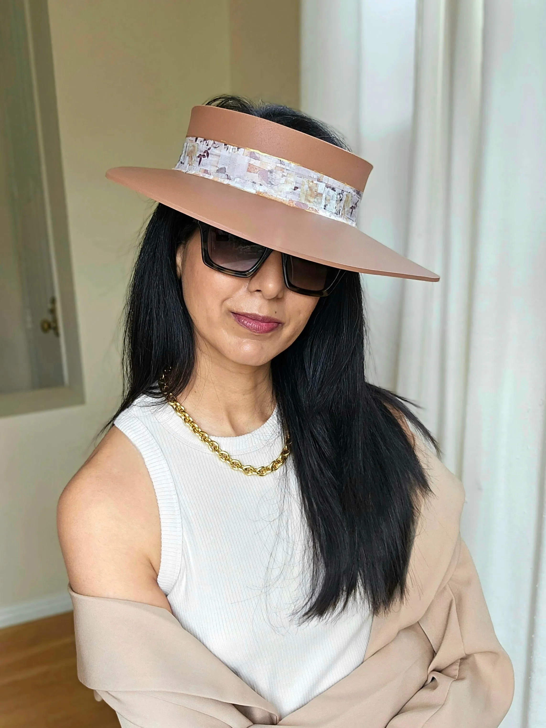 Brown "LadyEVA" Visor Hat with Botanical Themed Collage Band