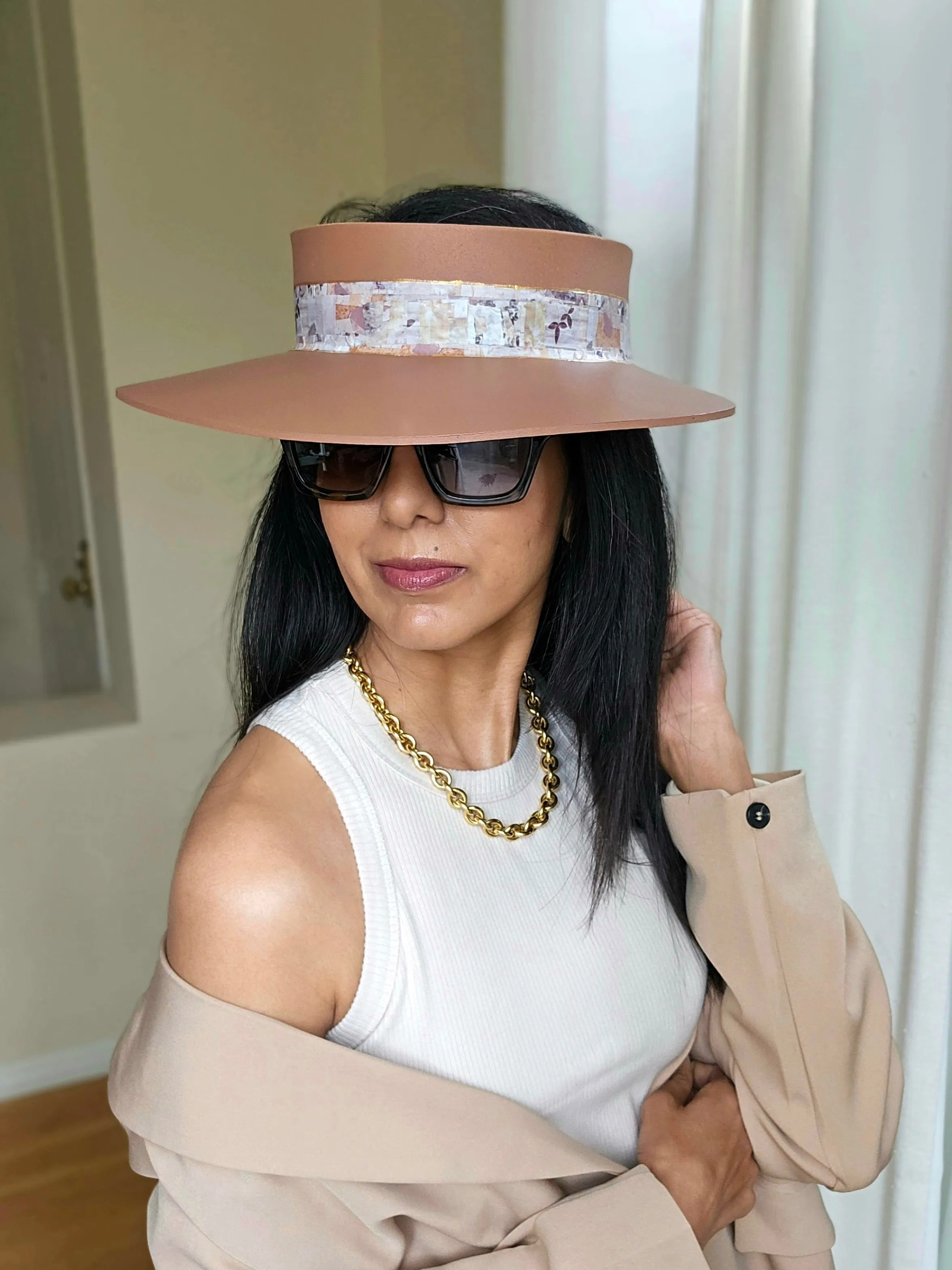 Brown "LadyEVA" Visor Hat with Botanical Themed Collage Band