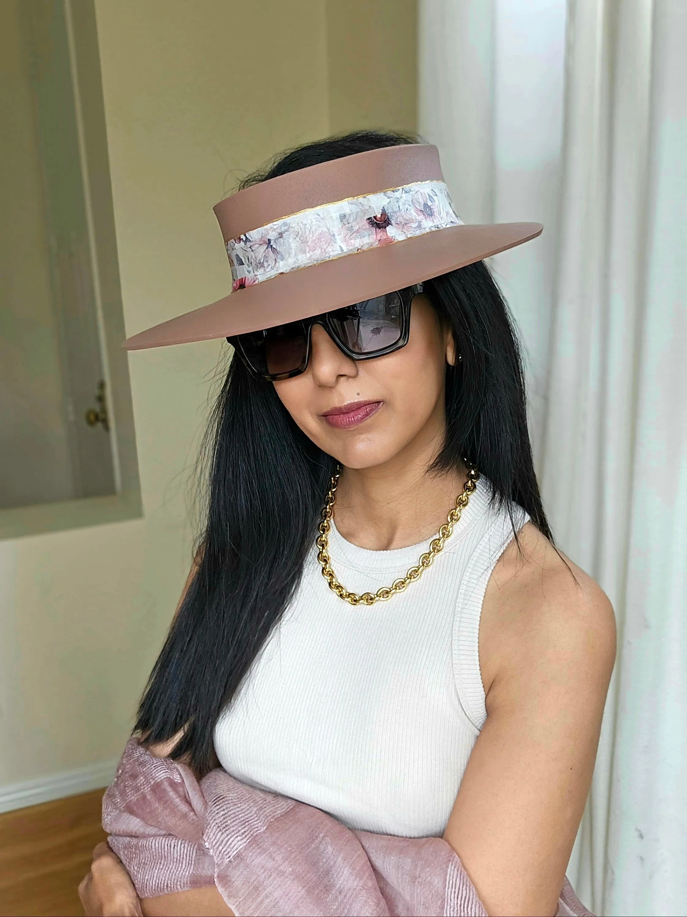 Brown "LadyEVA" Visor Hat with Pink Floral Band