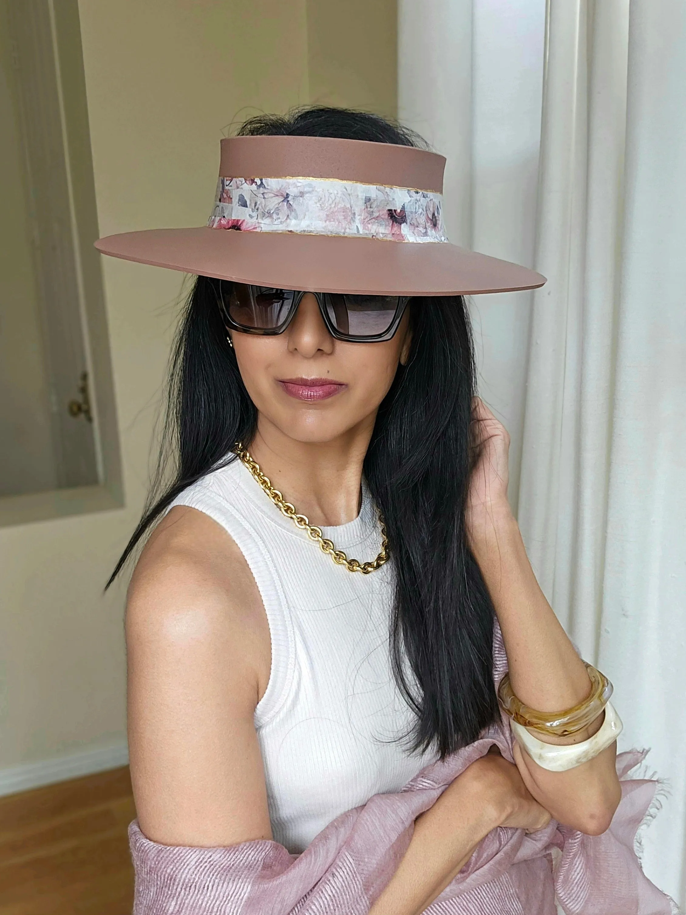 Brown "LadyEVA" Visor Hat with Pink Floral Band