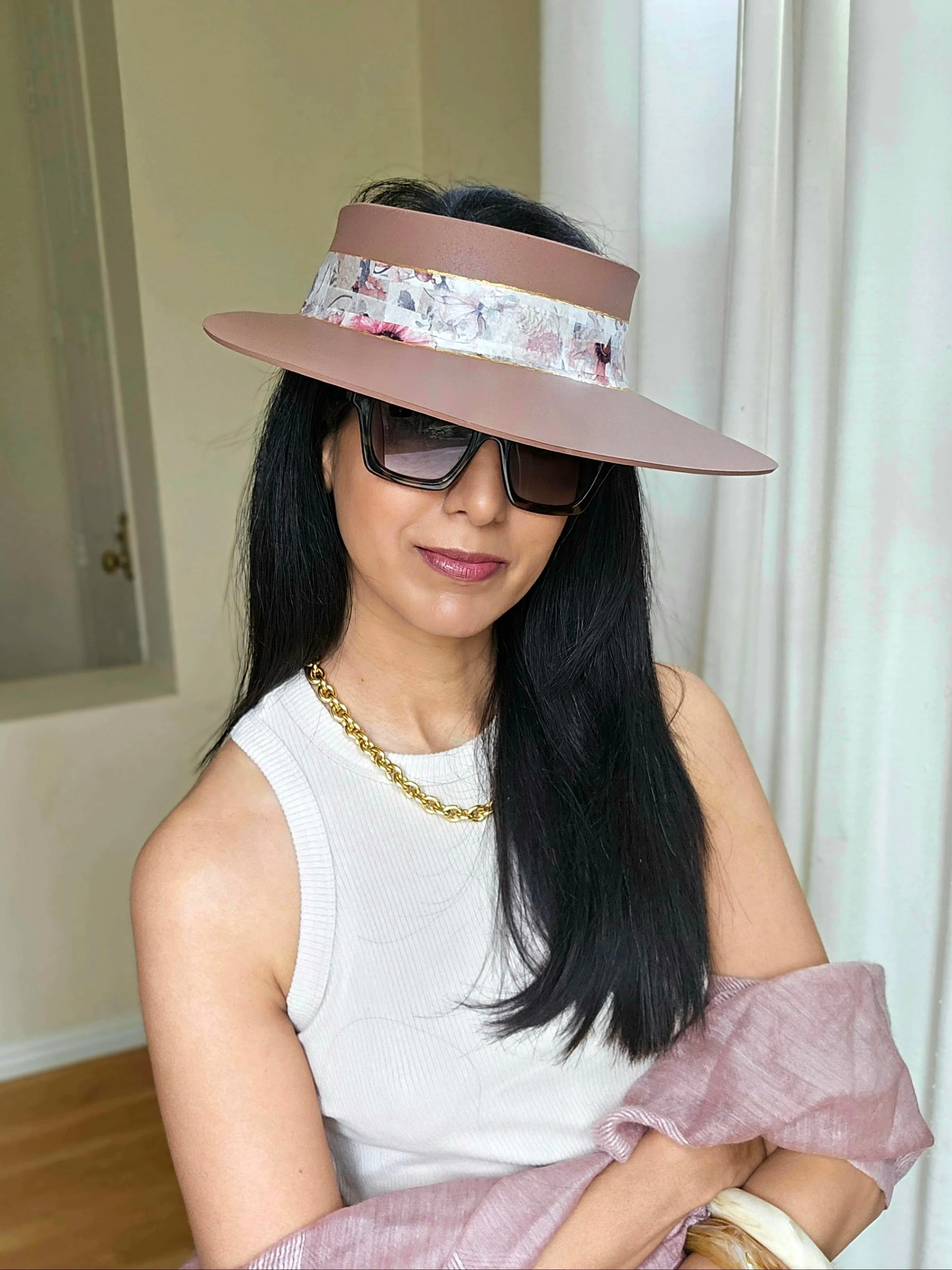Brown "LadyEVA" Visor Hat with Pink Floral Band