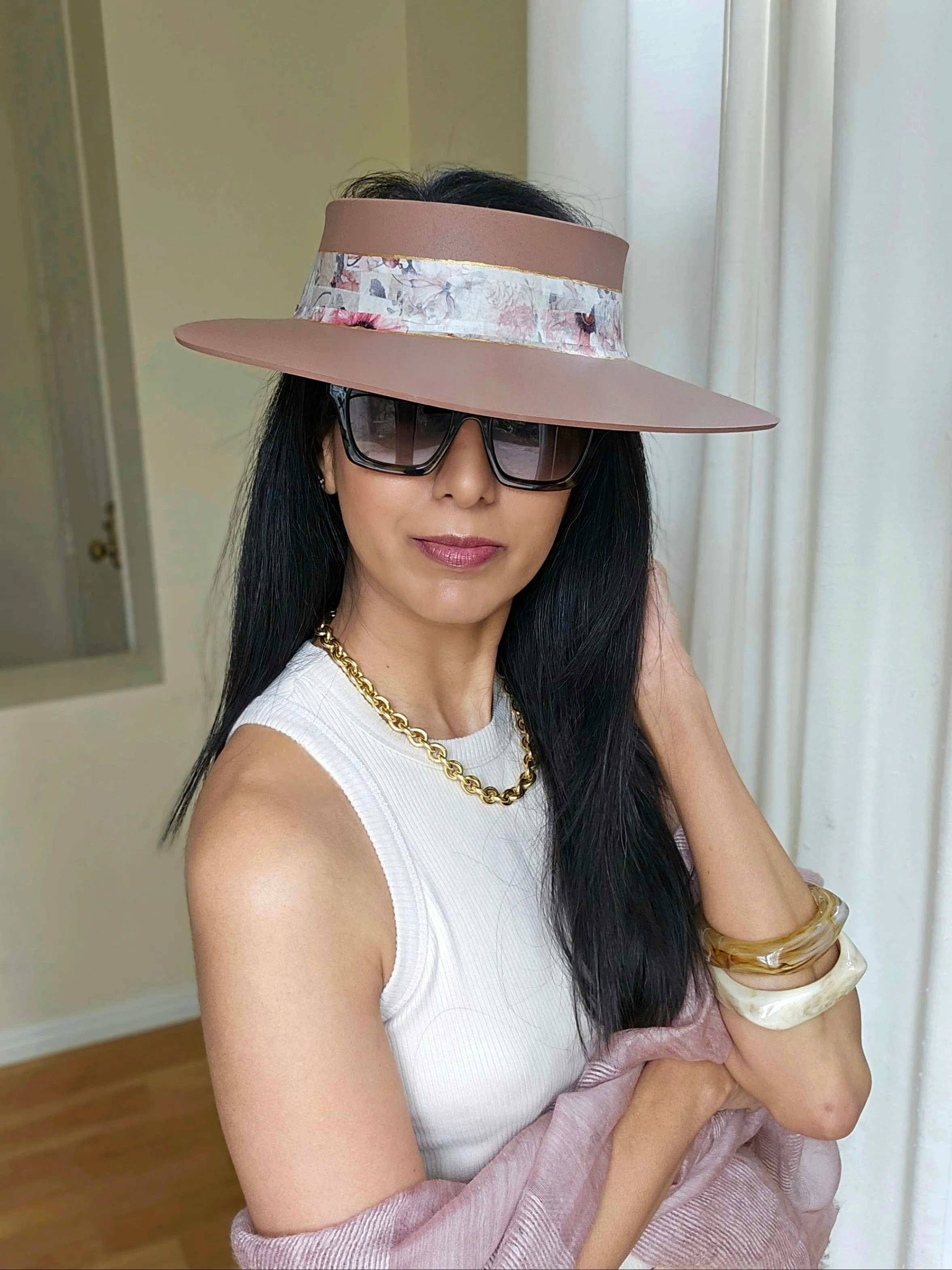 Brown "LadyEVA" Visor Hat with Pink Floral Band