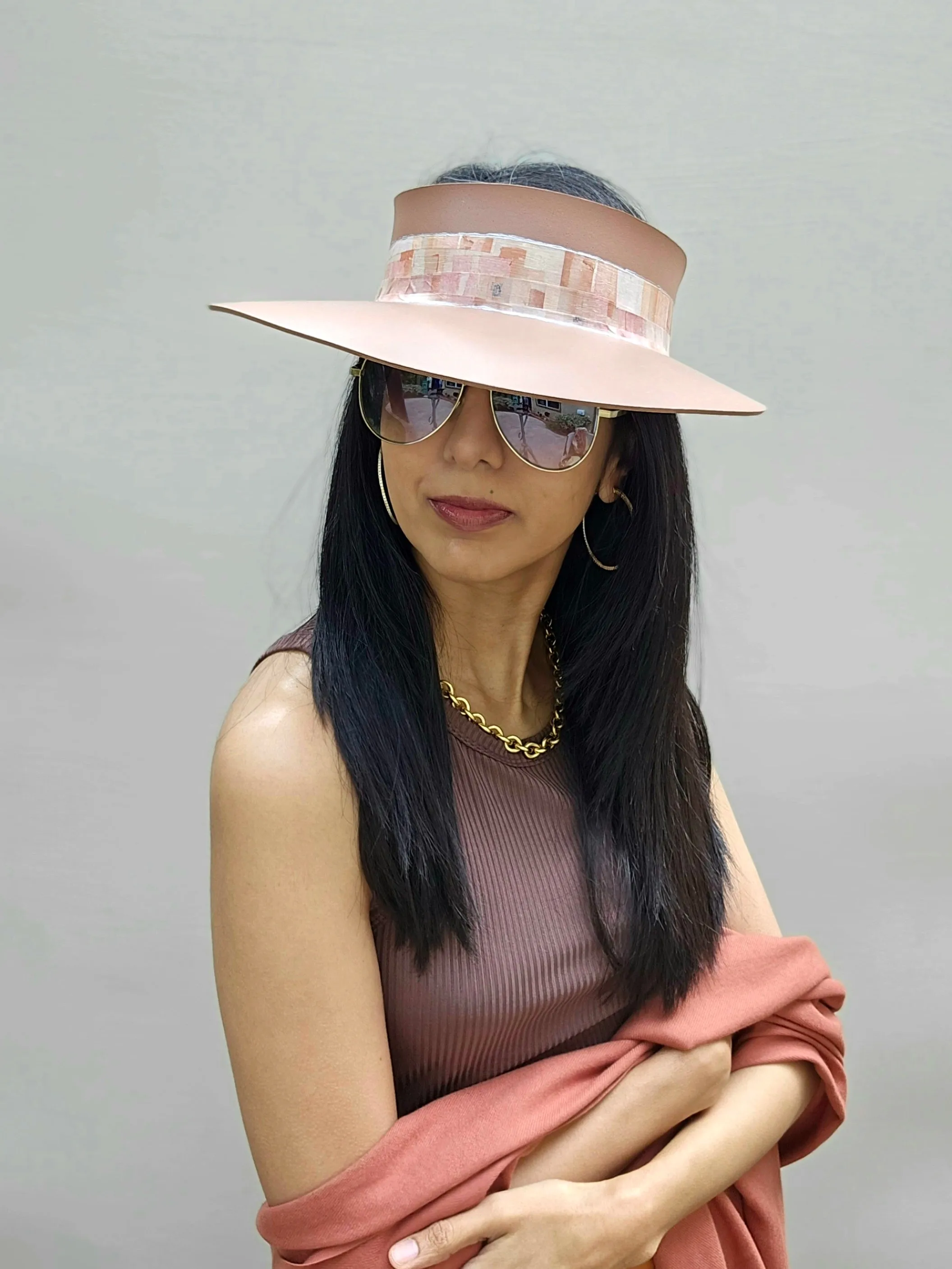 Brown "LadyEVA" Visor Hat with Pink Geometric Band