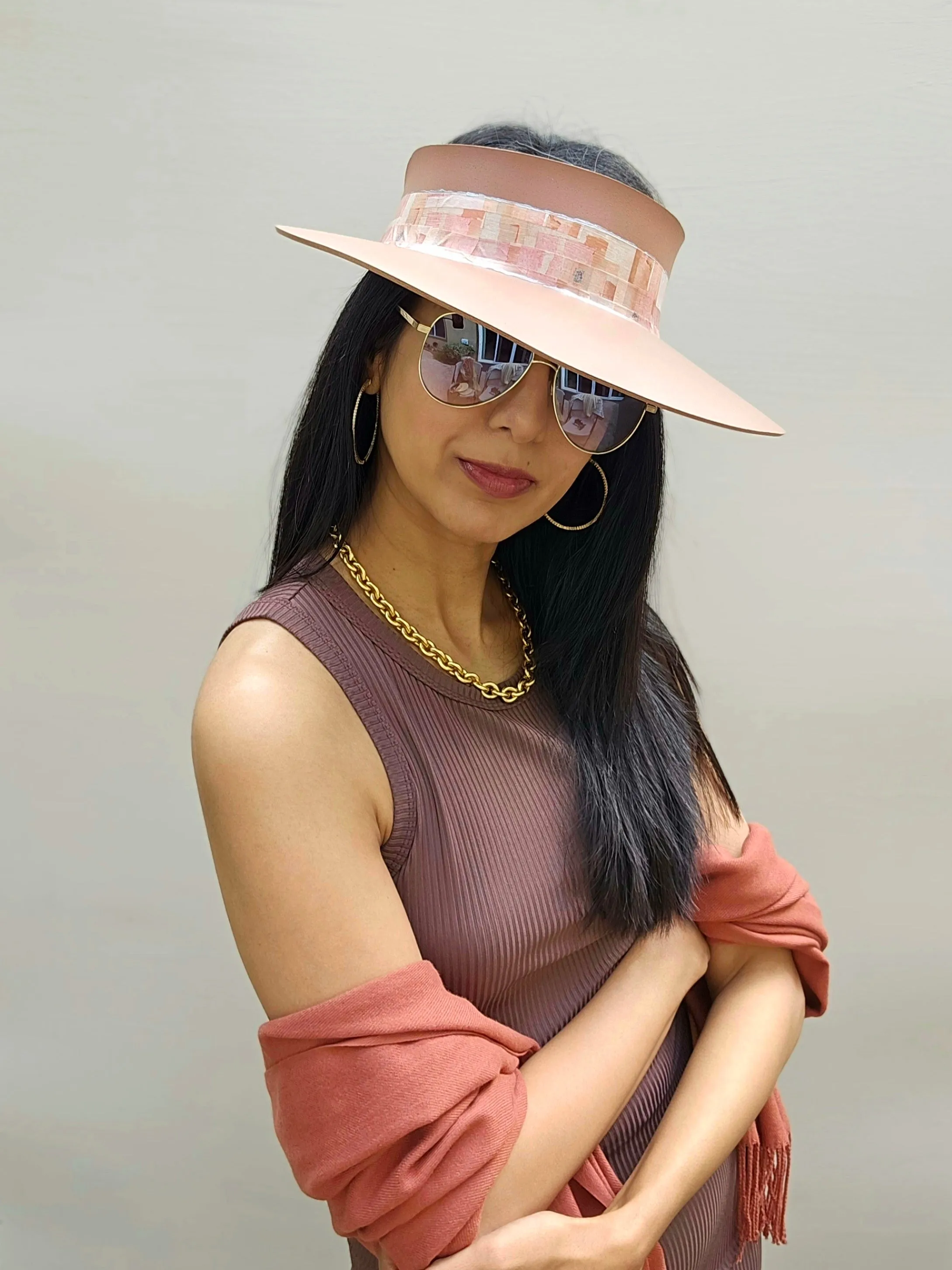 Brown "LadyEVA" Visor Hat with Pink Geometric Band