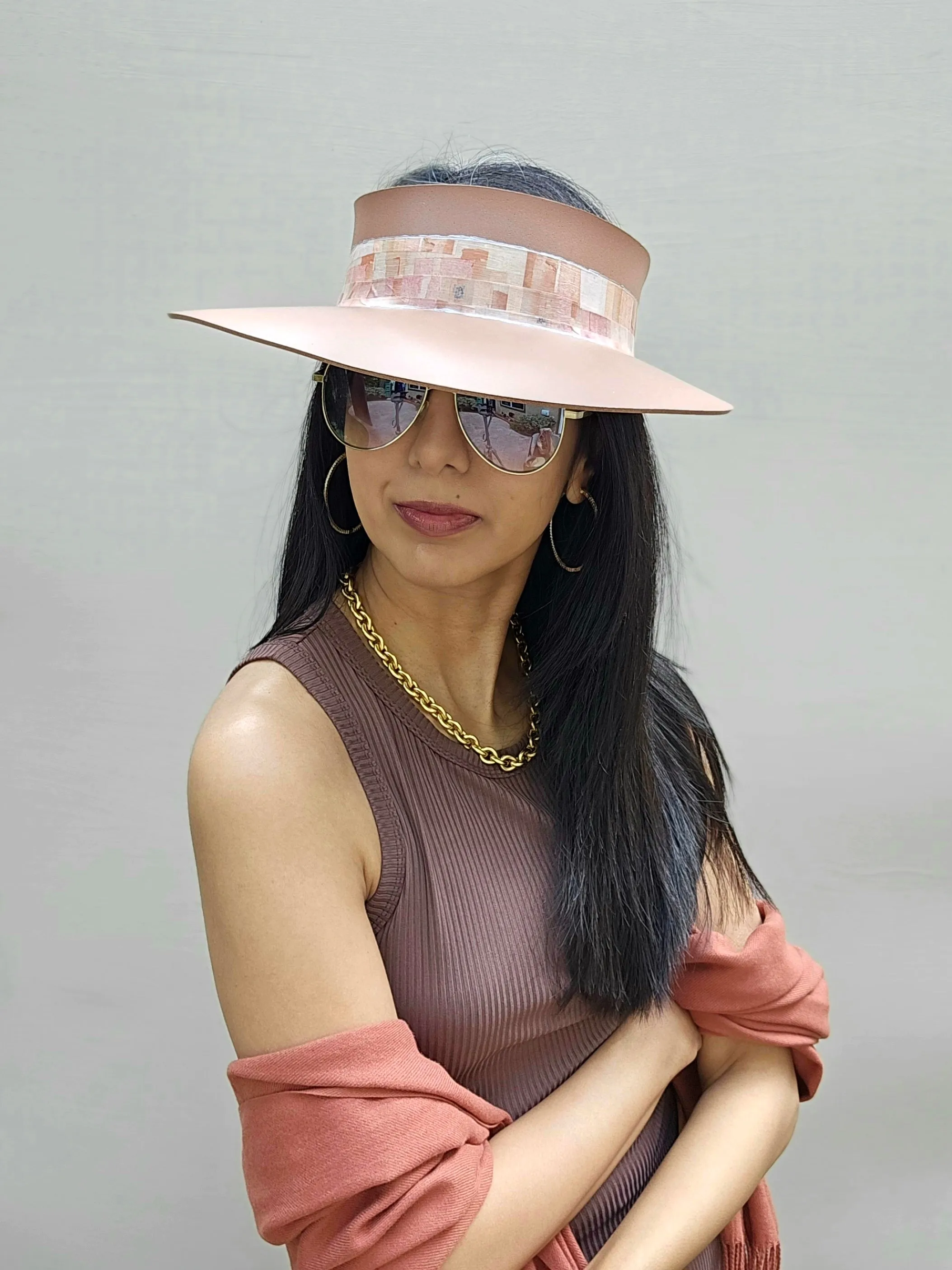Brown "LadyEVA" Visor Hat with Pink Geometric Band