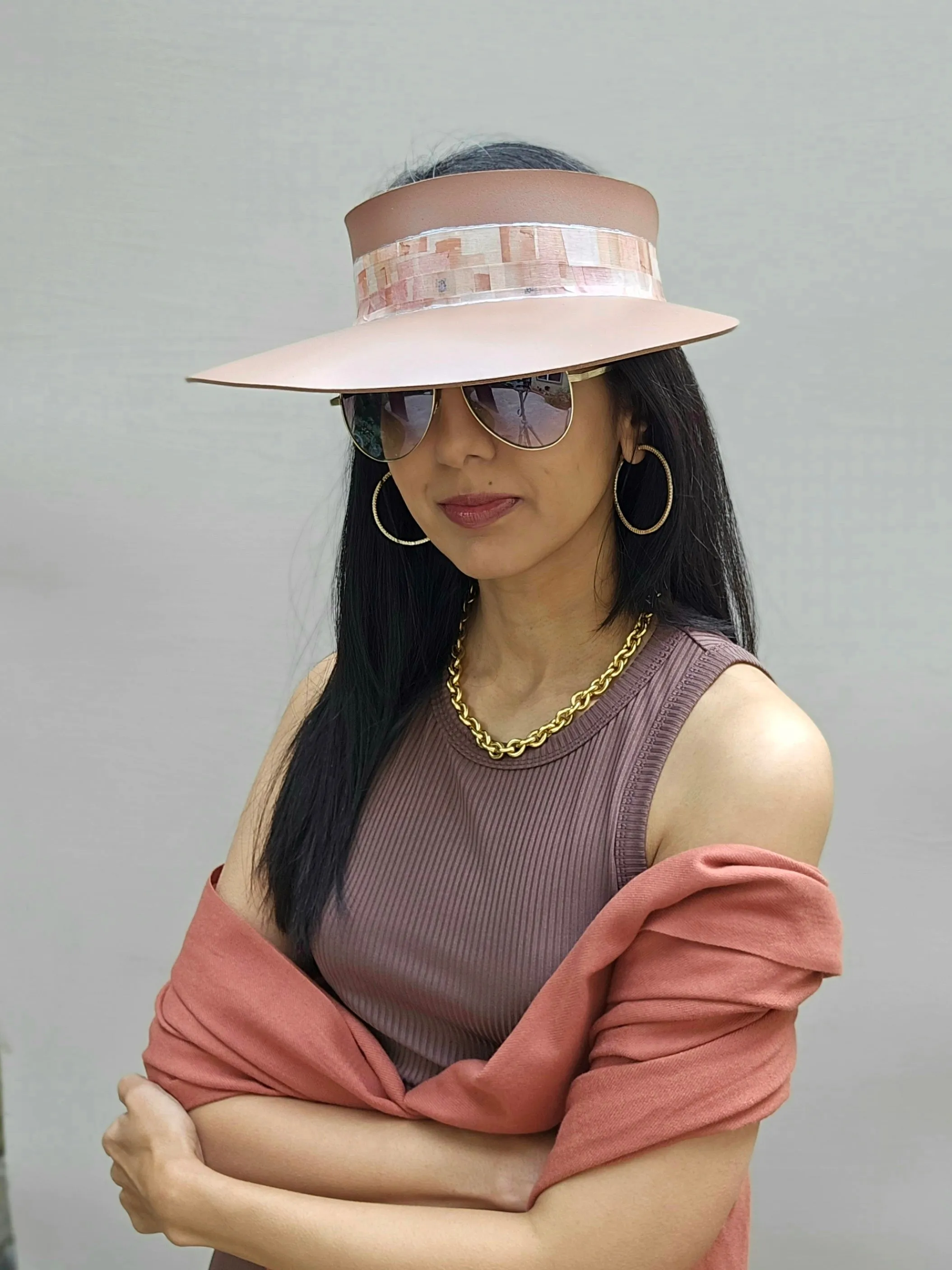 Brown "LadyEVA" Visor Hat with Pink Geometric Band