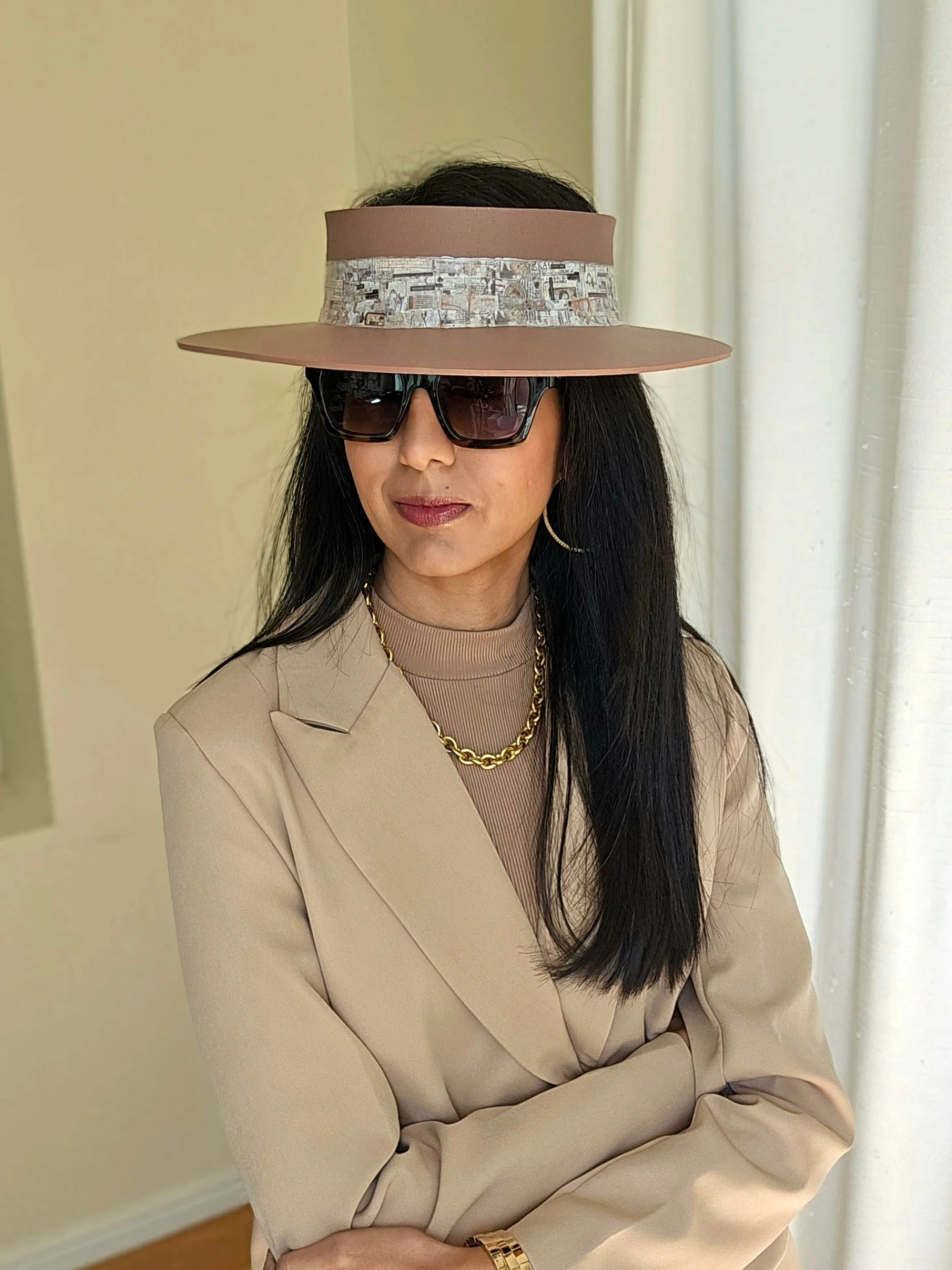 Brown "LadyEVA" Visor Hat with Vintage Collage Style Band
