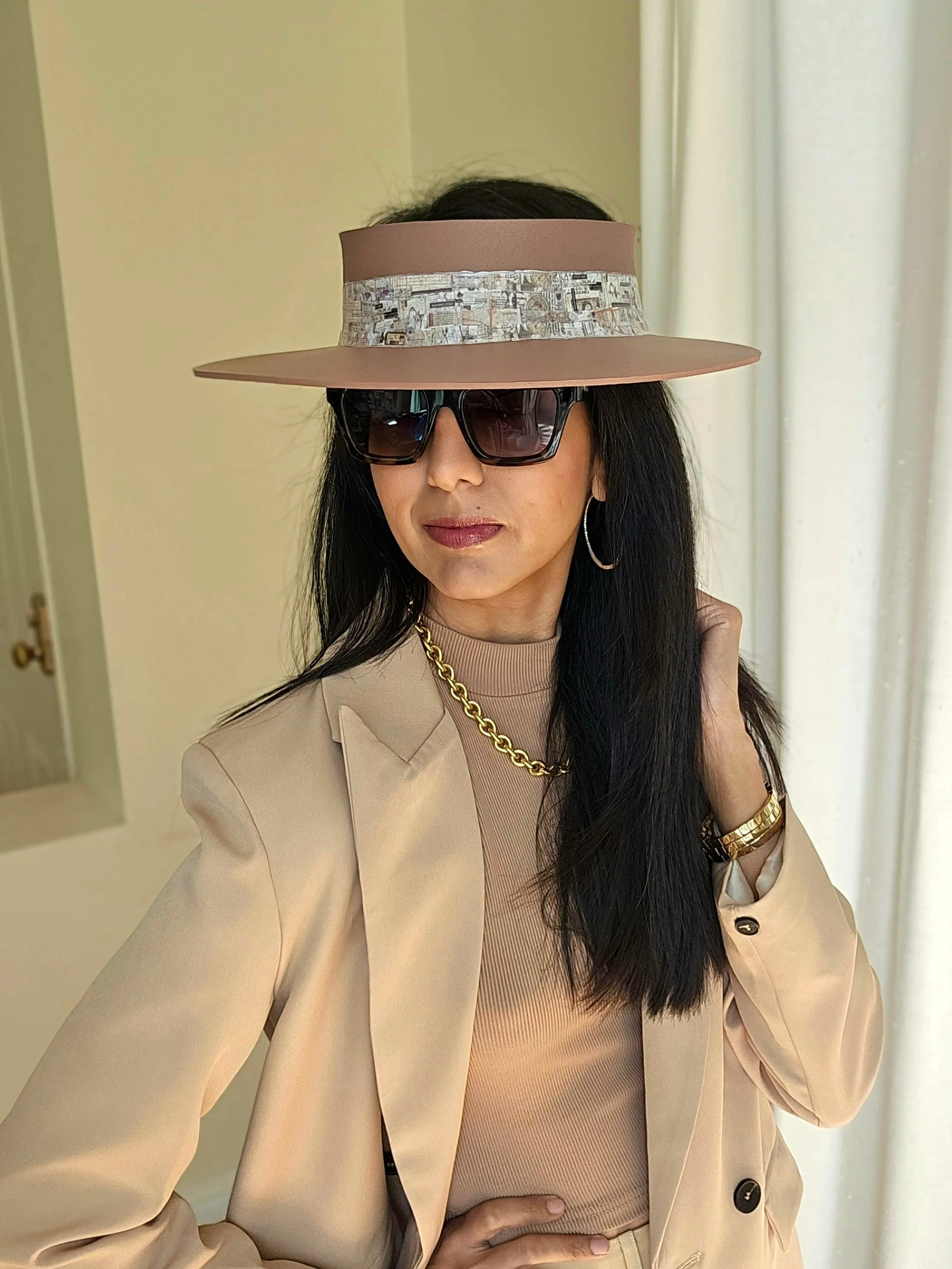 Brown "LadyEVA" Visor Hat with Vintage Collage Style Band