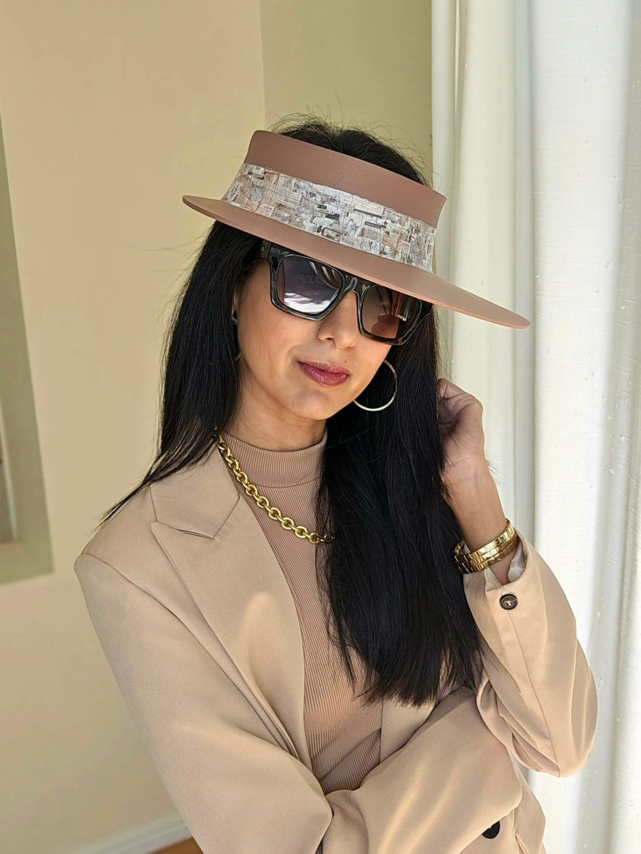 Brown "LadyEVA" Visor Hat with Vintage Collage Style Band