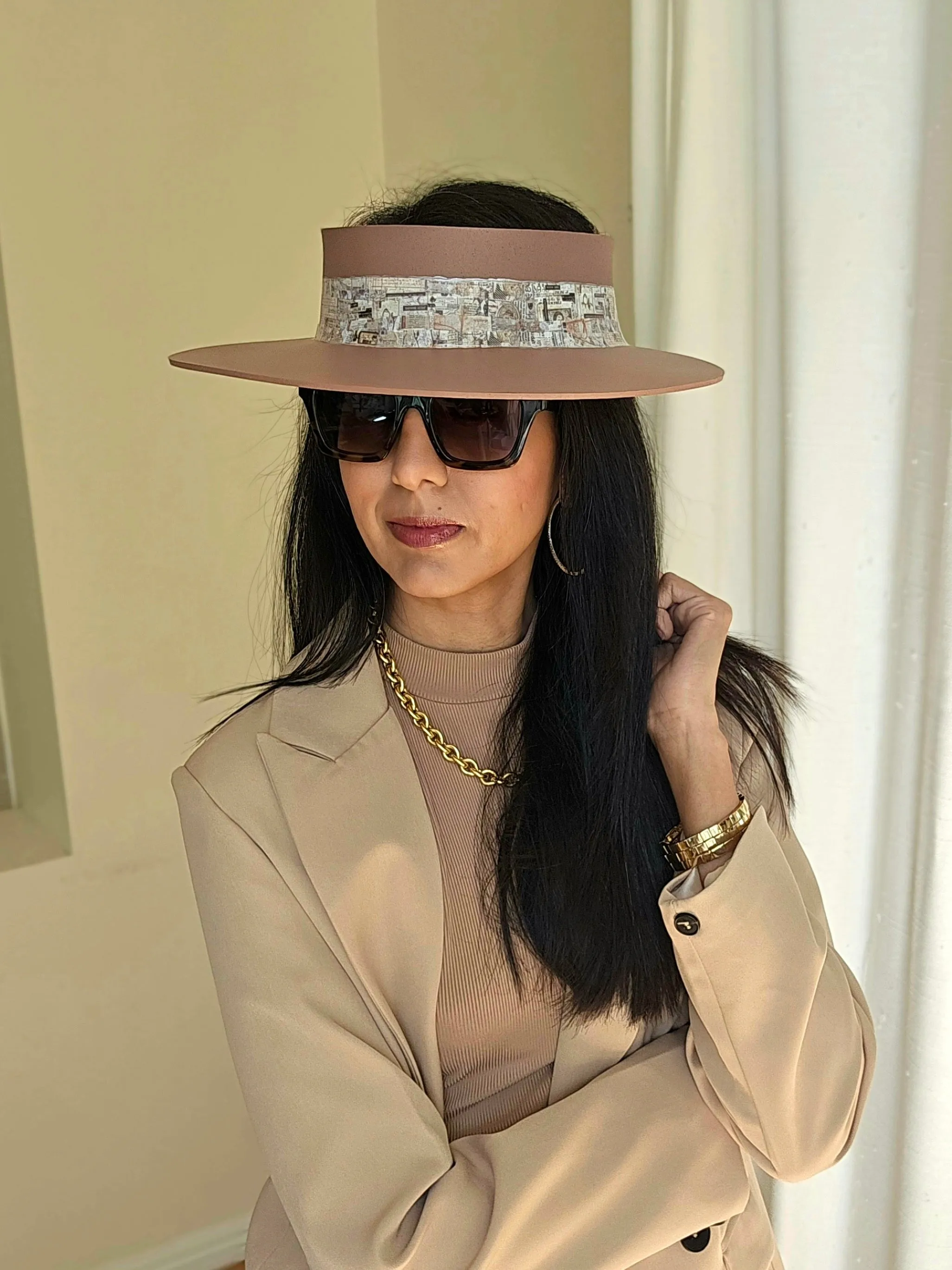 Brown "LadyEVA" Visor Hat with Vintage Collage Style Band
