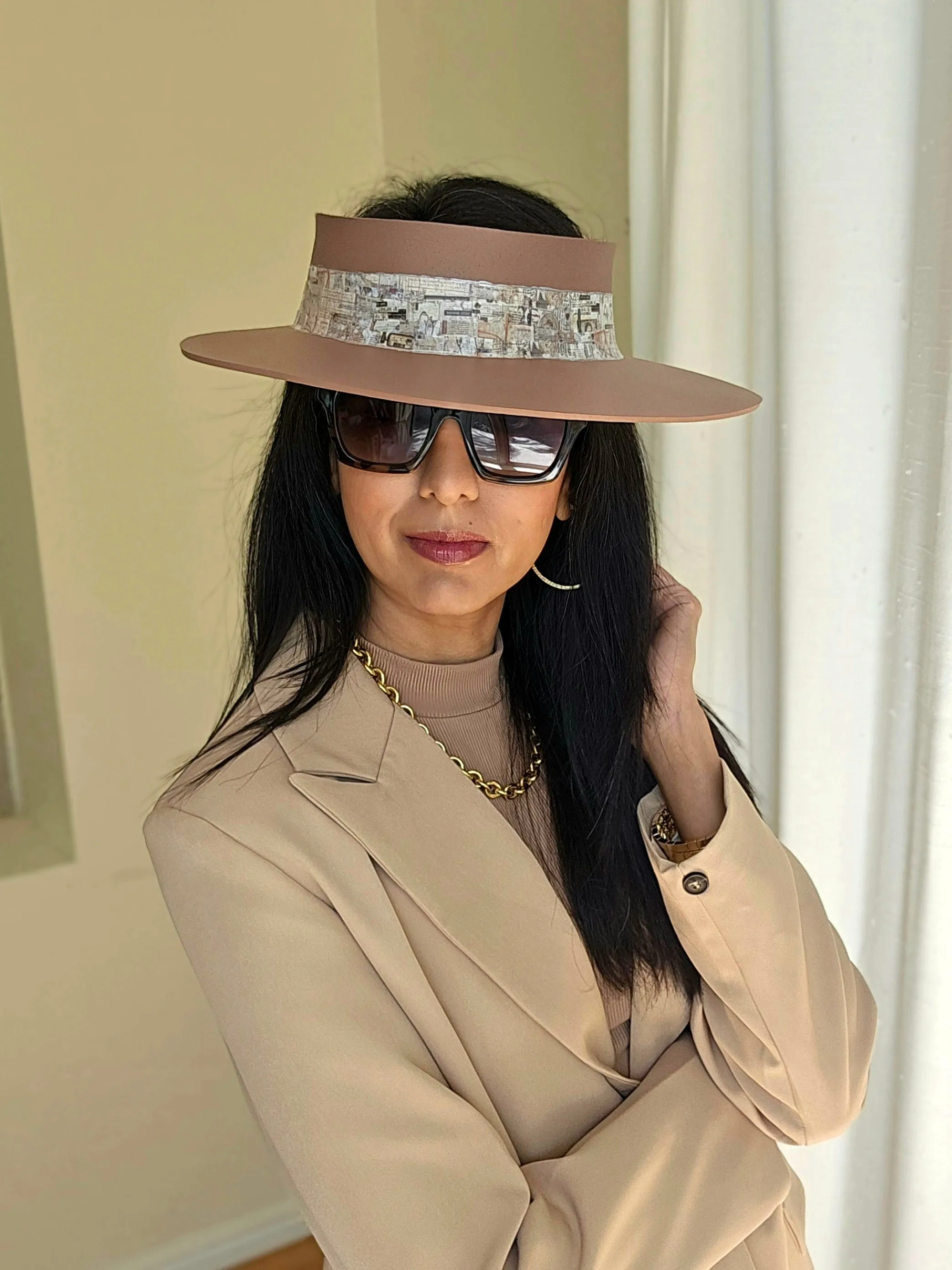 Brown "LadyEVA" Visor Hat with Vintage Collage Style Band