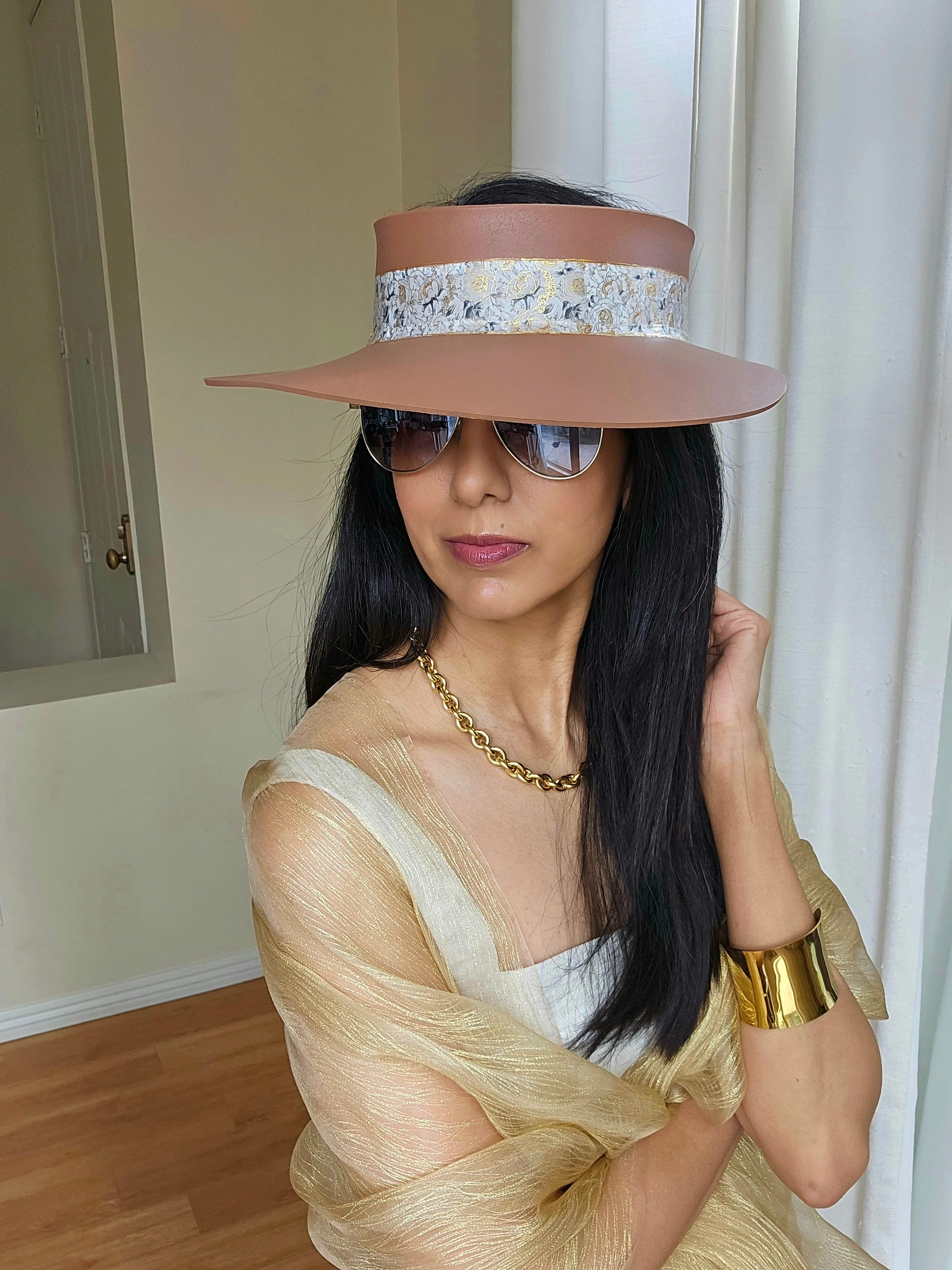 Brown "LadyEVA" Visor Hat with White and Gold Floral Band
